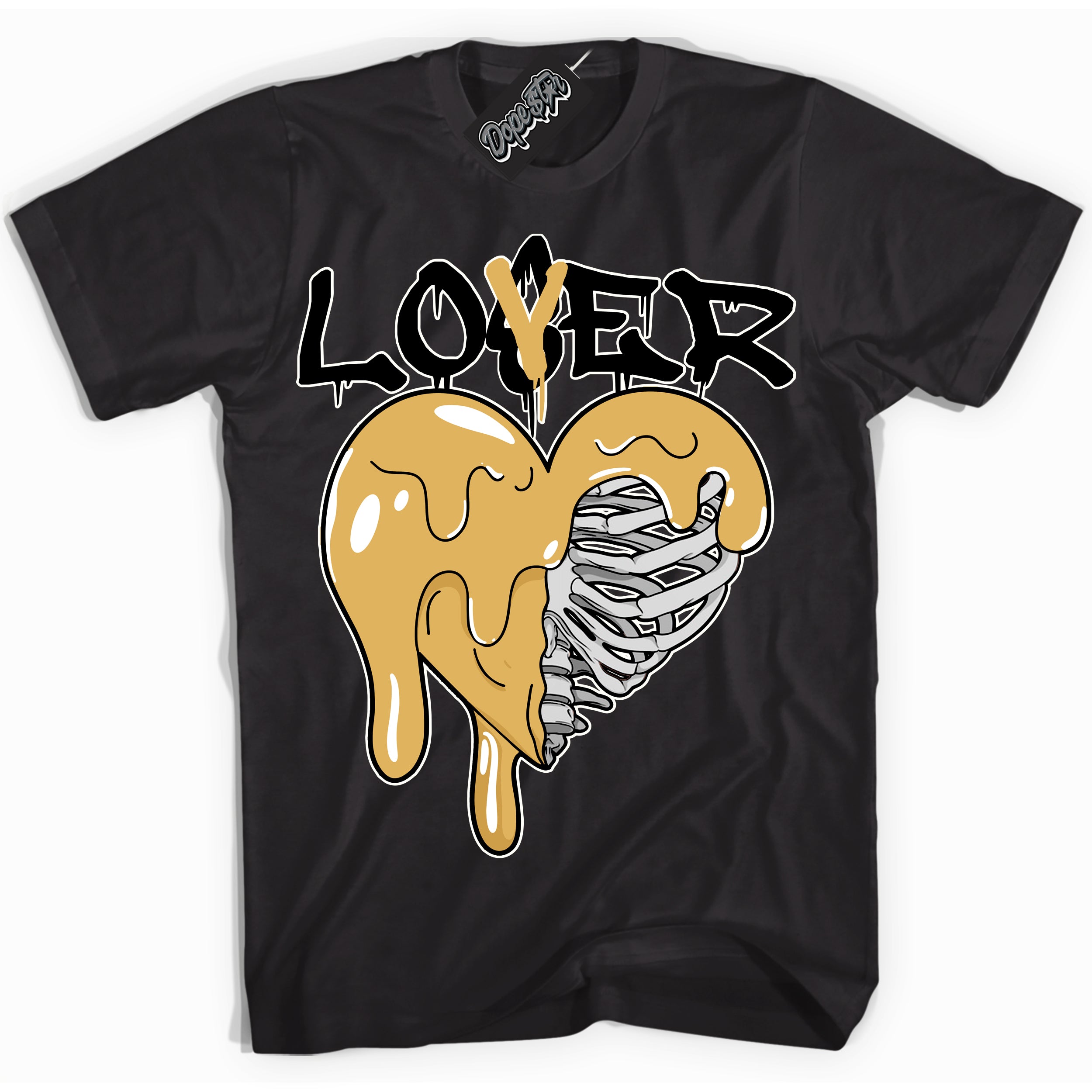 Cool Black Shirt with “ Lover Loser ” design that perfectly matches Gold Swoosh 1s Sneakers.