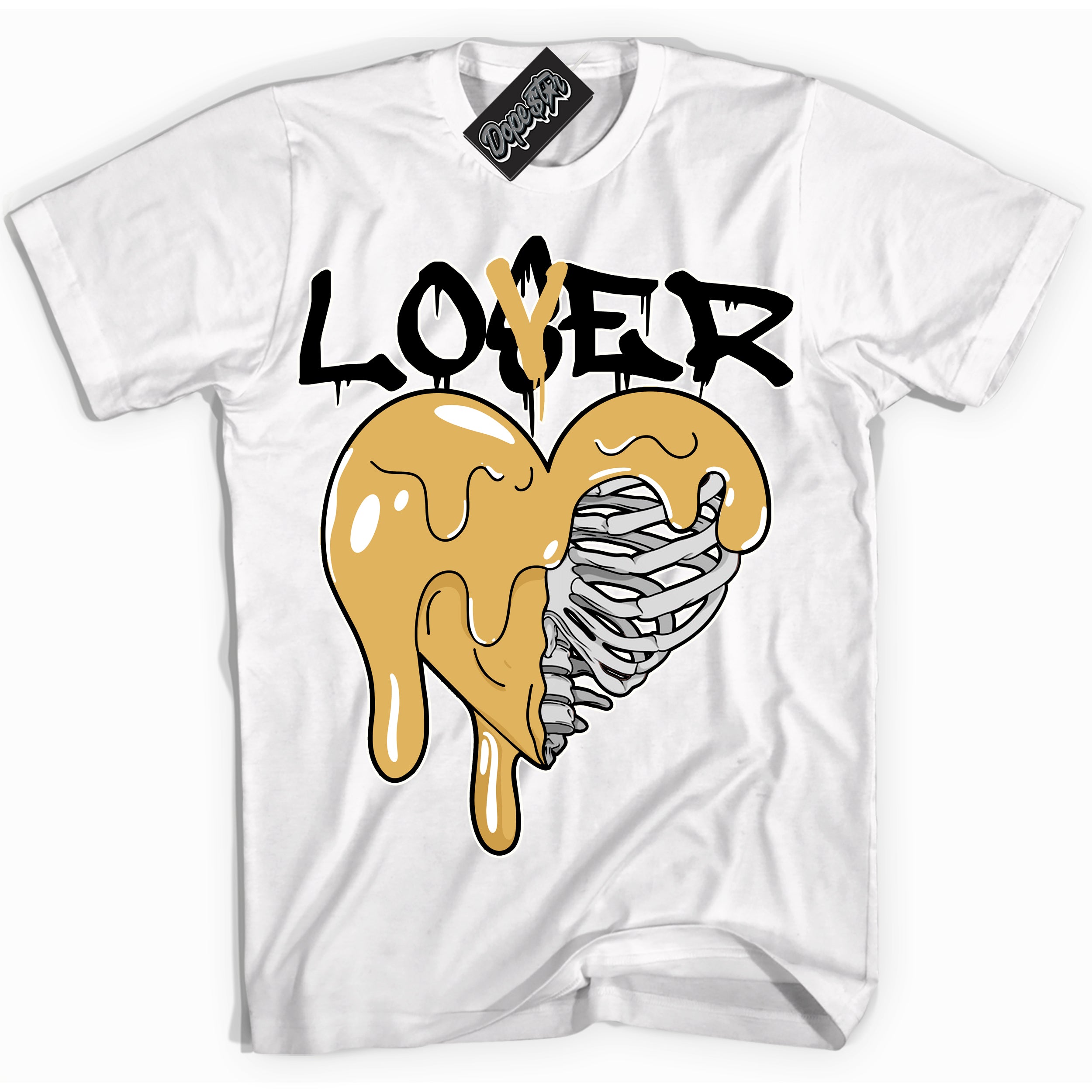 Cool White Shirt with “ Lover Loser ” design that perfectly matches Gold Swoosh 1s Sneakers.