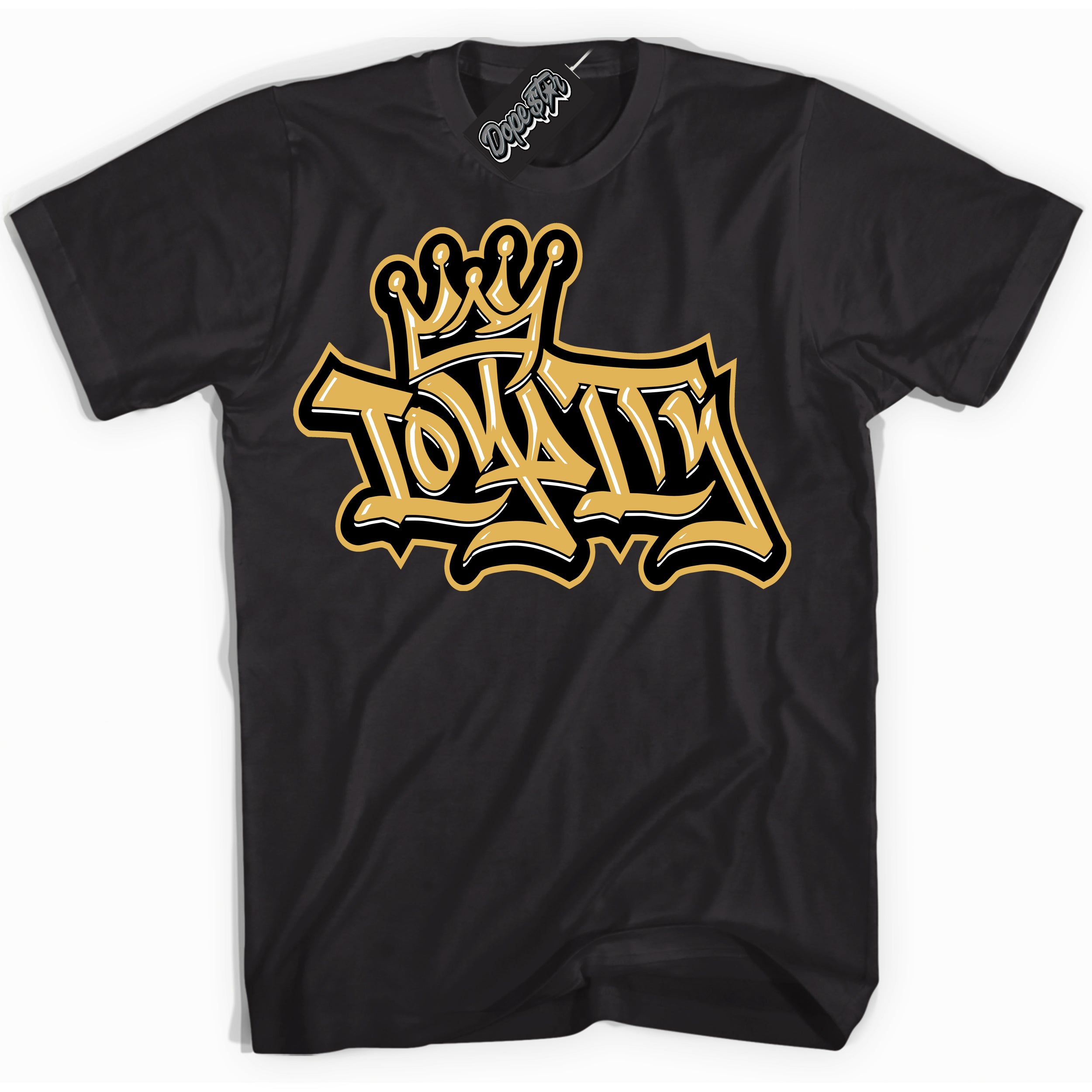 Cool Black Shirt with “ Loyalty Crown ” design that perfectly matches Gold Swoosh 1s Sneakers.