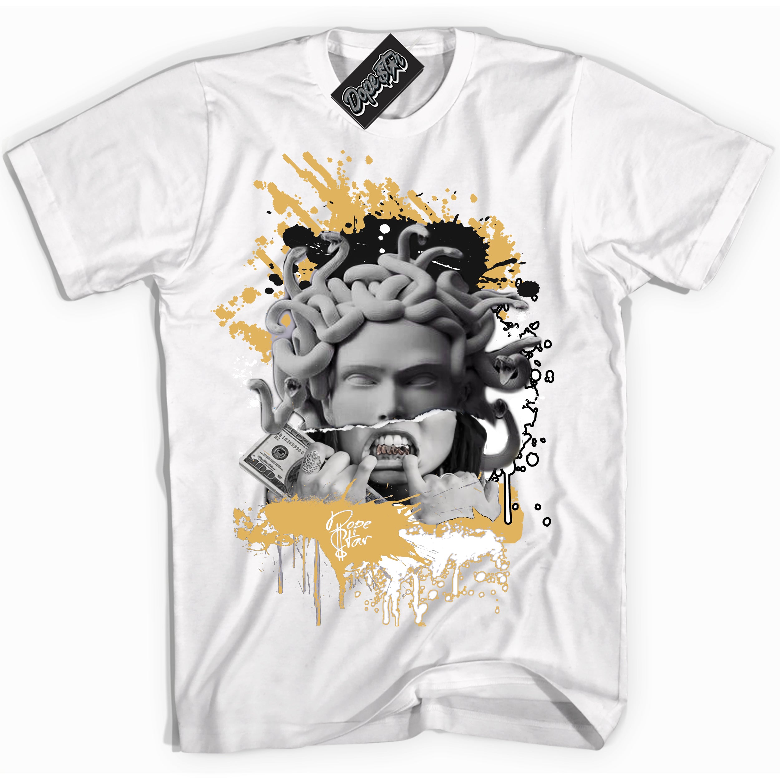 Cool White Shirt with “ Medusa ” design that perfectly matches Gold Swoosh 1s Sneakers.