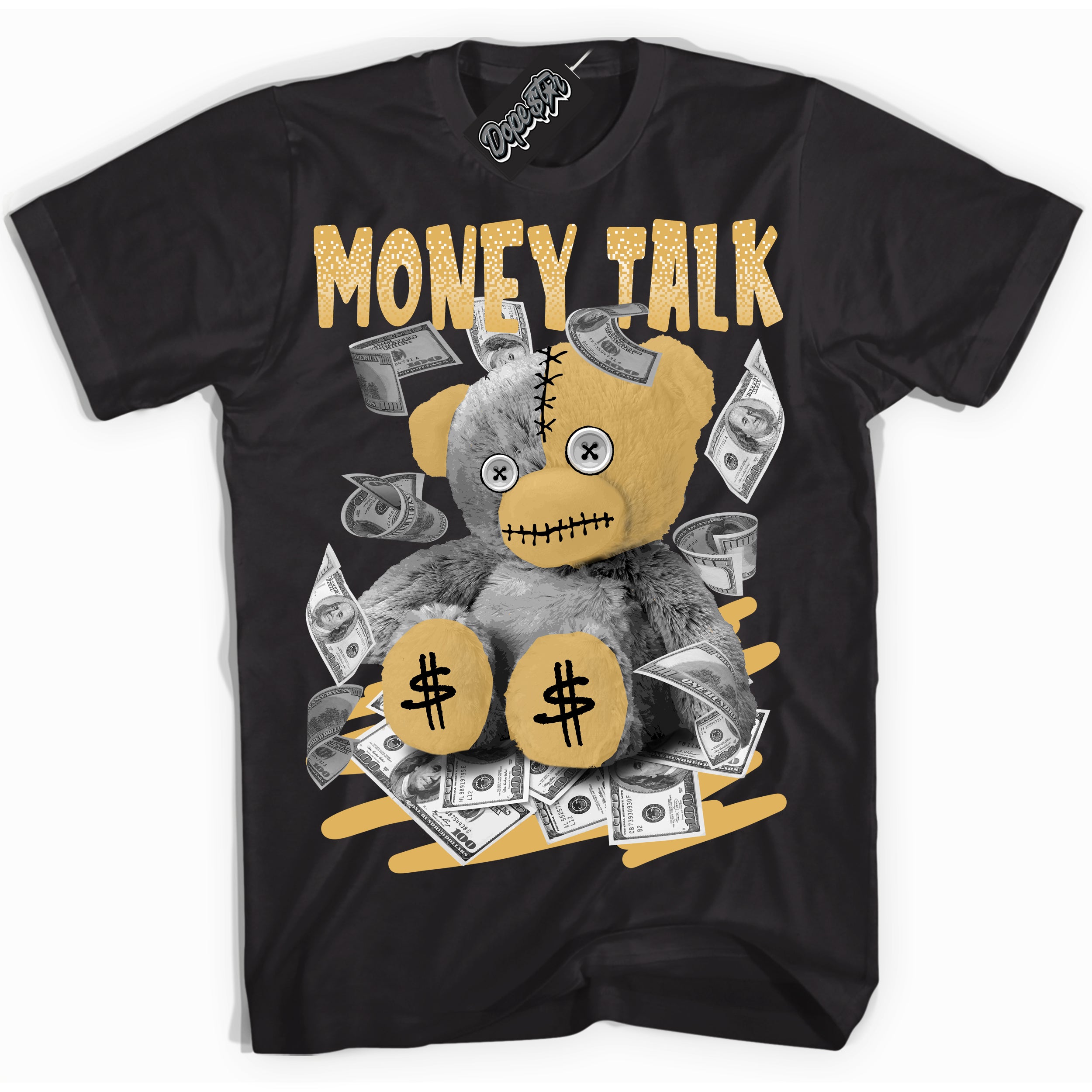 Cool Black Shirt with “ Money Talk Bear ” design that perfectly matches Gold Swoosh 1s Sneakers.