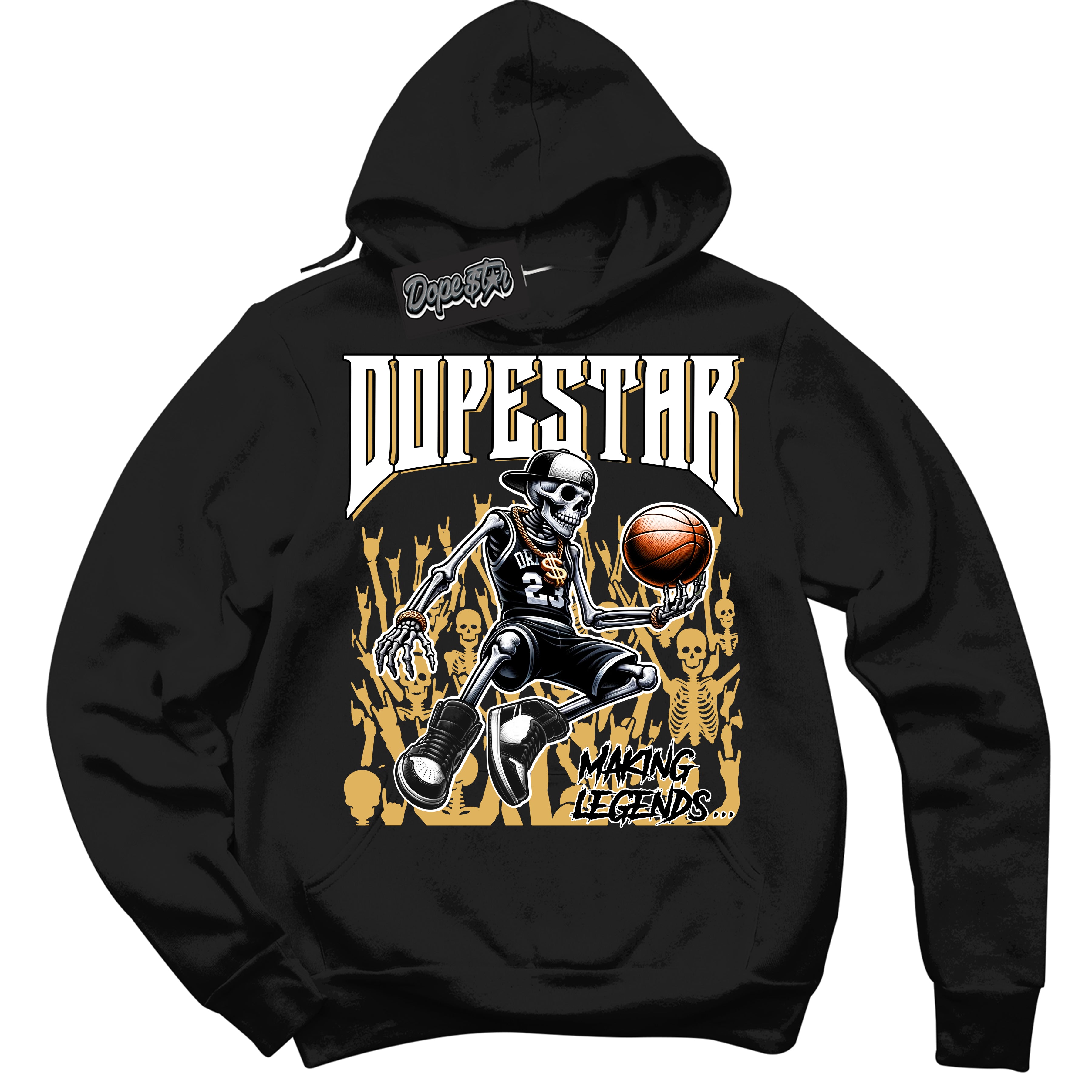 Cool Black Hoodie with “ Making Legends ”  design that Perfectly Matches Gold Swoosh 1s Sneakers.