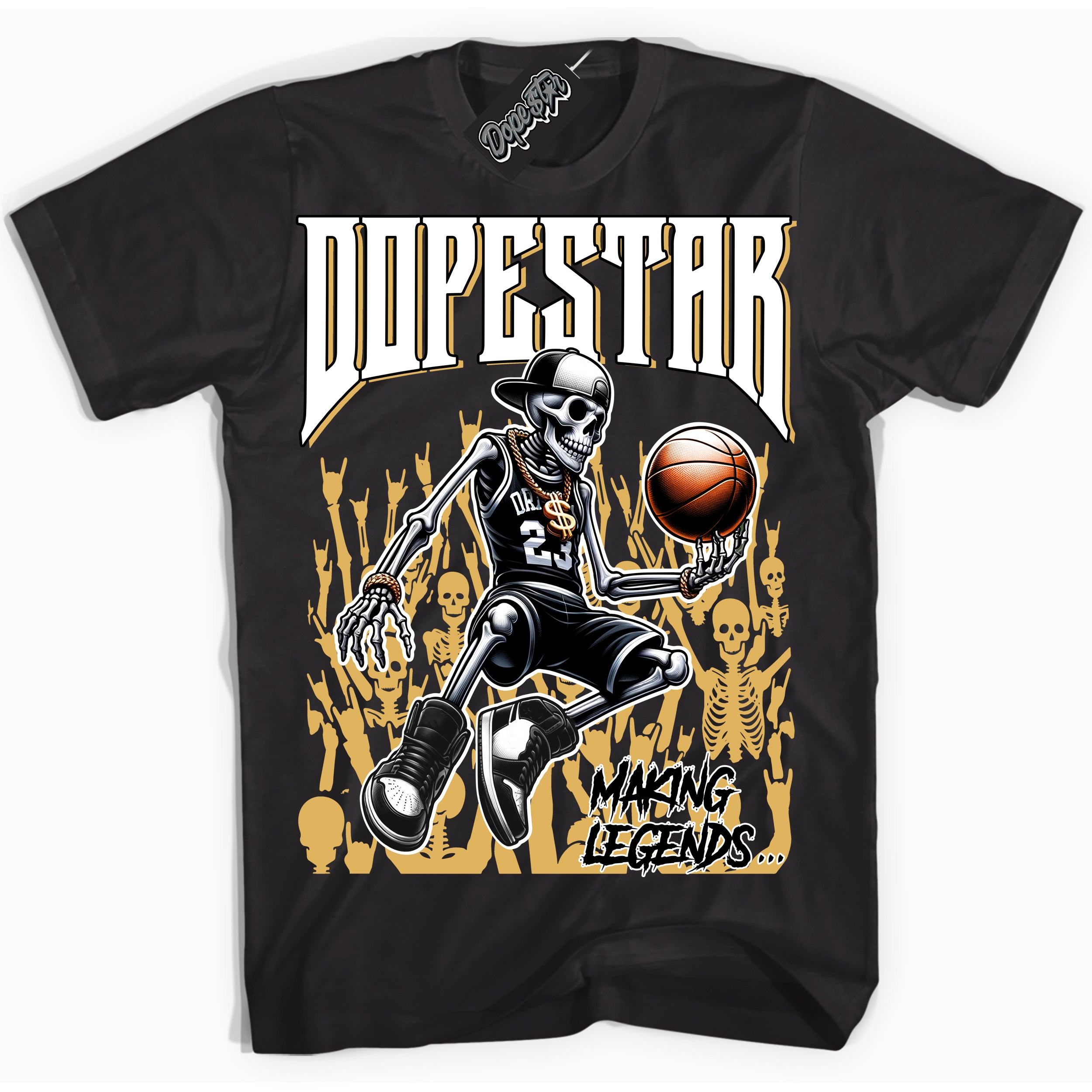 Cool Black Shirt with “ Making Legends ” design that perfectly matches Gold Swoosh 1s Sneakers.