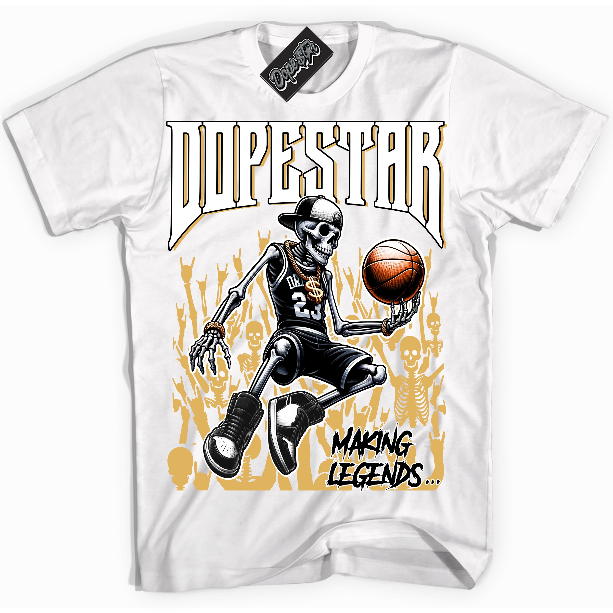 Cool White Shirt with “ Making Legends ” design that perfectly matches Gold Swoosh 1s Sneakers.