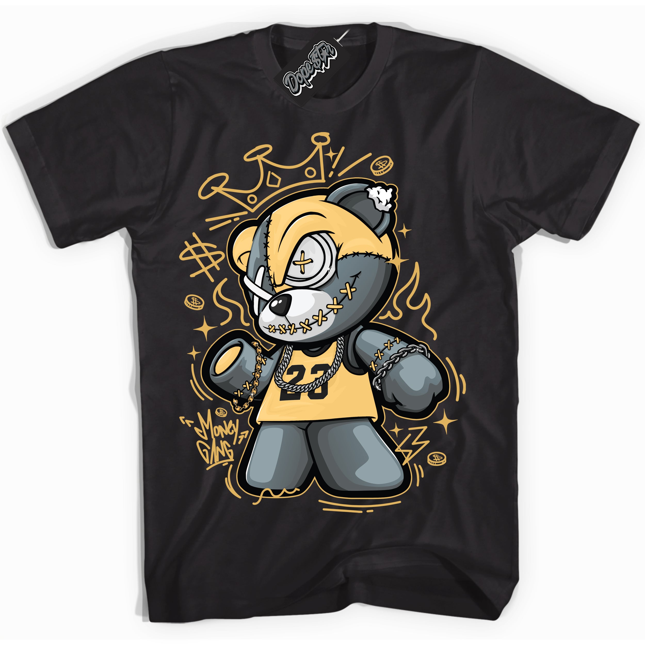 Cool Black Shirt with “ Money Gang Bear ” design that perfectly matches Gold Swoosh 1s Sneakers.