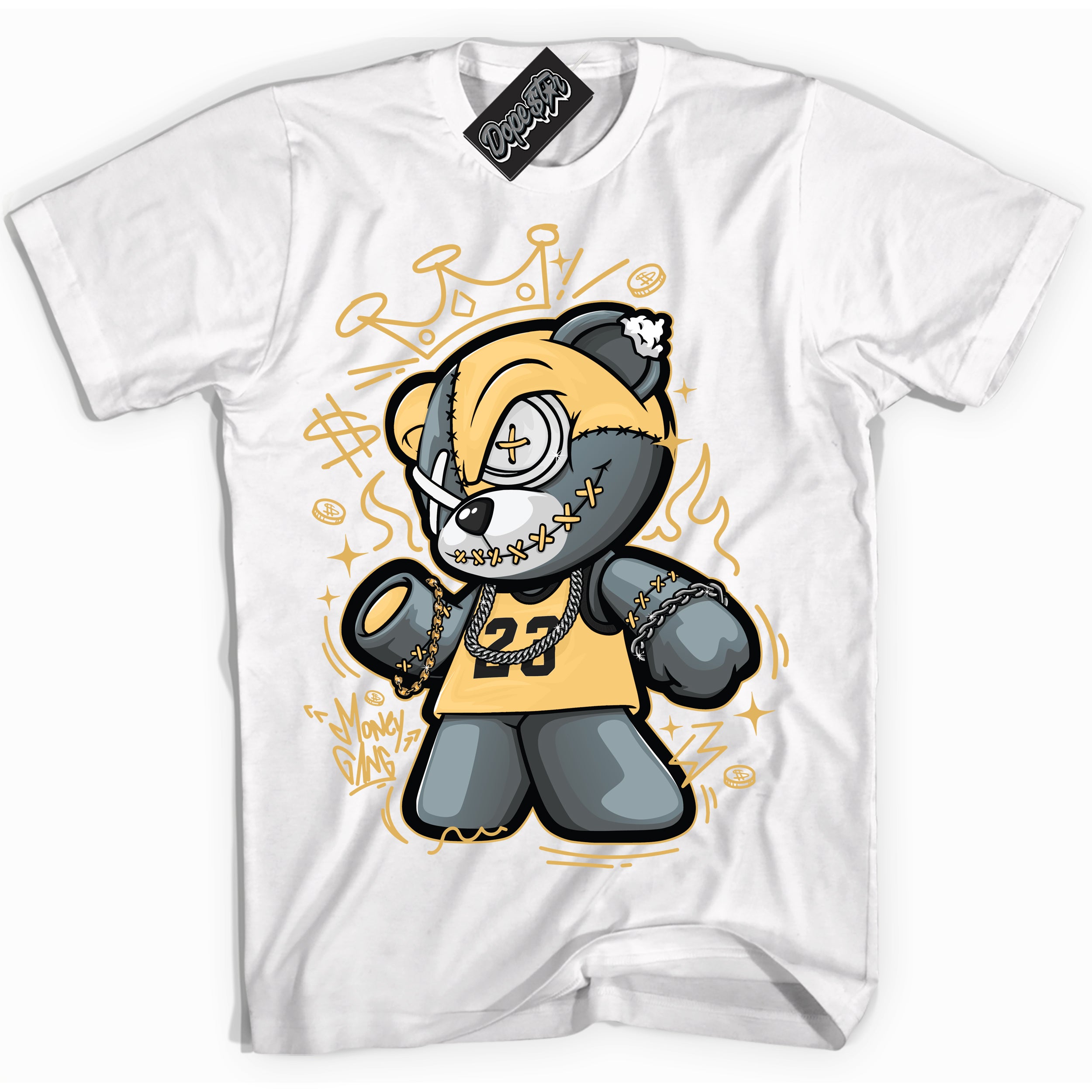 Cool White Shirt with “ Money Gang Bear ” design that perfectly matches Gold Swoosh 1s Sneakers.