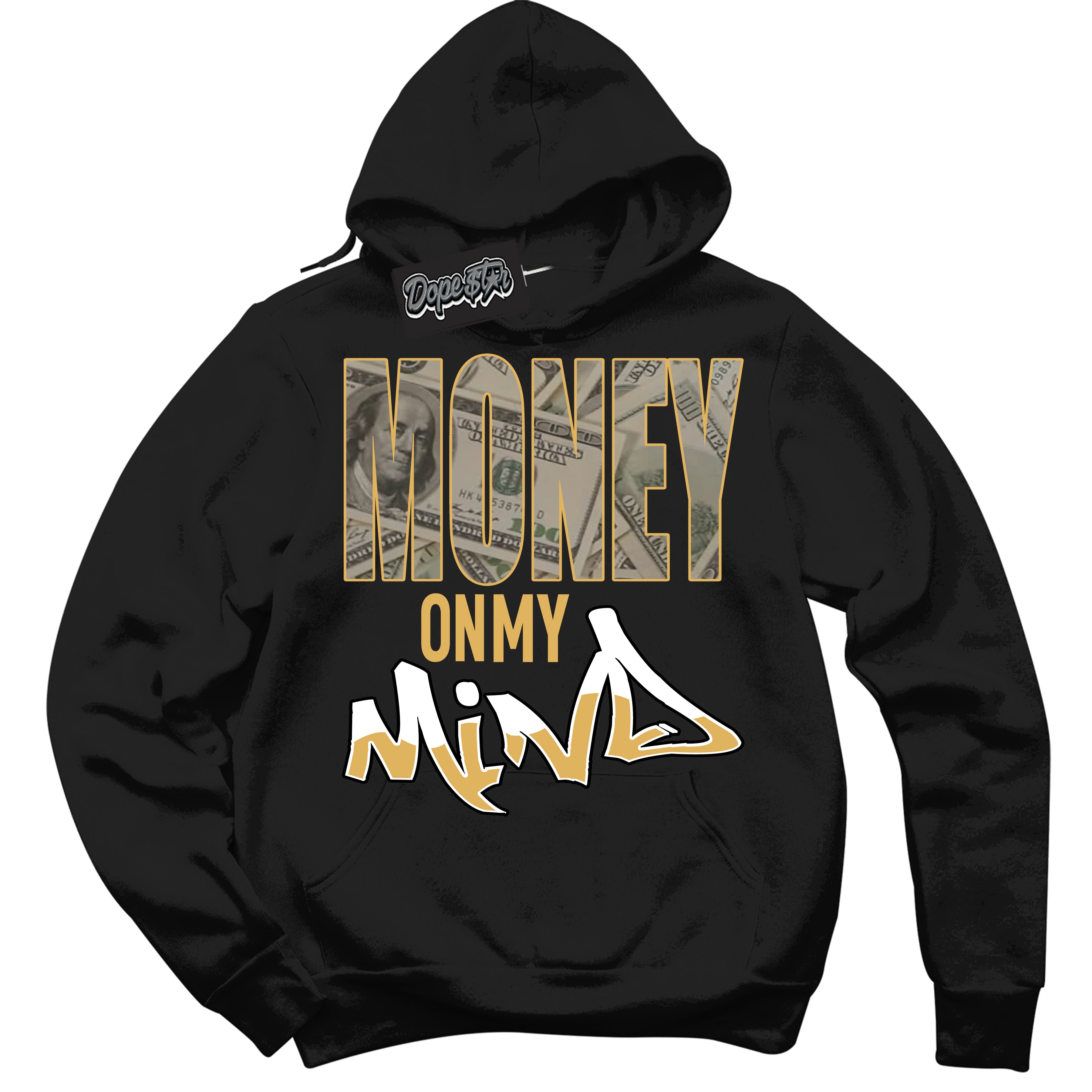 Cool Black Hoodie with “ Money On My Mind ”  design that Perfectly Matches Gold Swoosh 1s Sneakers.