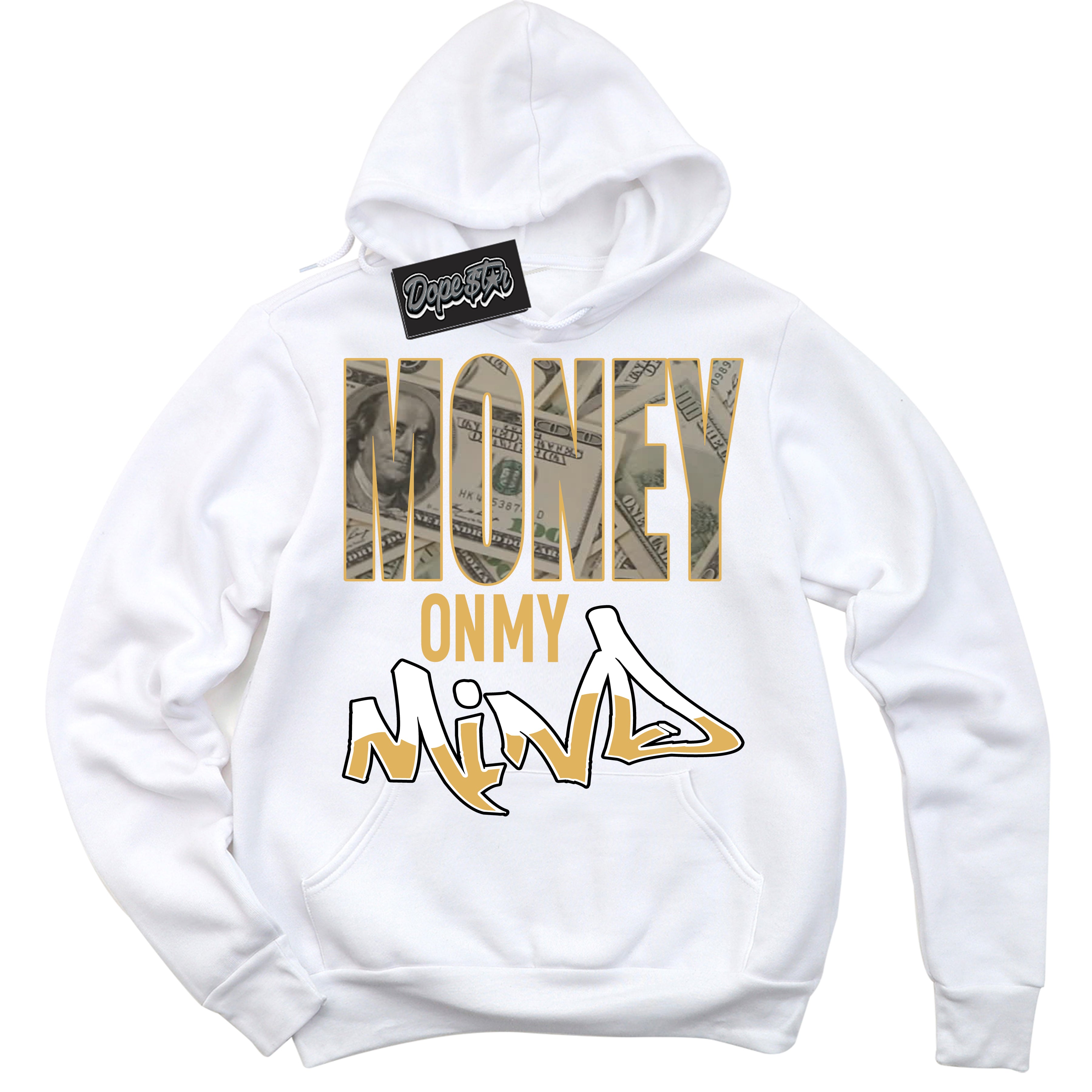 Cool White Hoodie with “ Money On My Mind ”  design that Perfectly Matches Gold Swoosh 1s Sneakers.