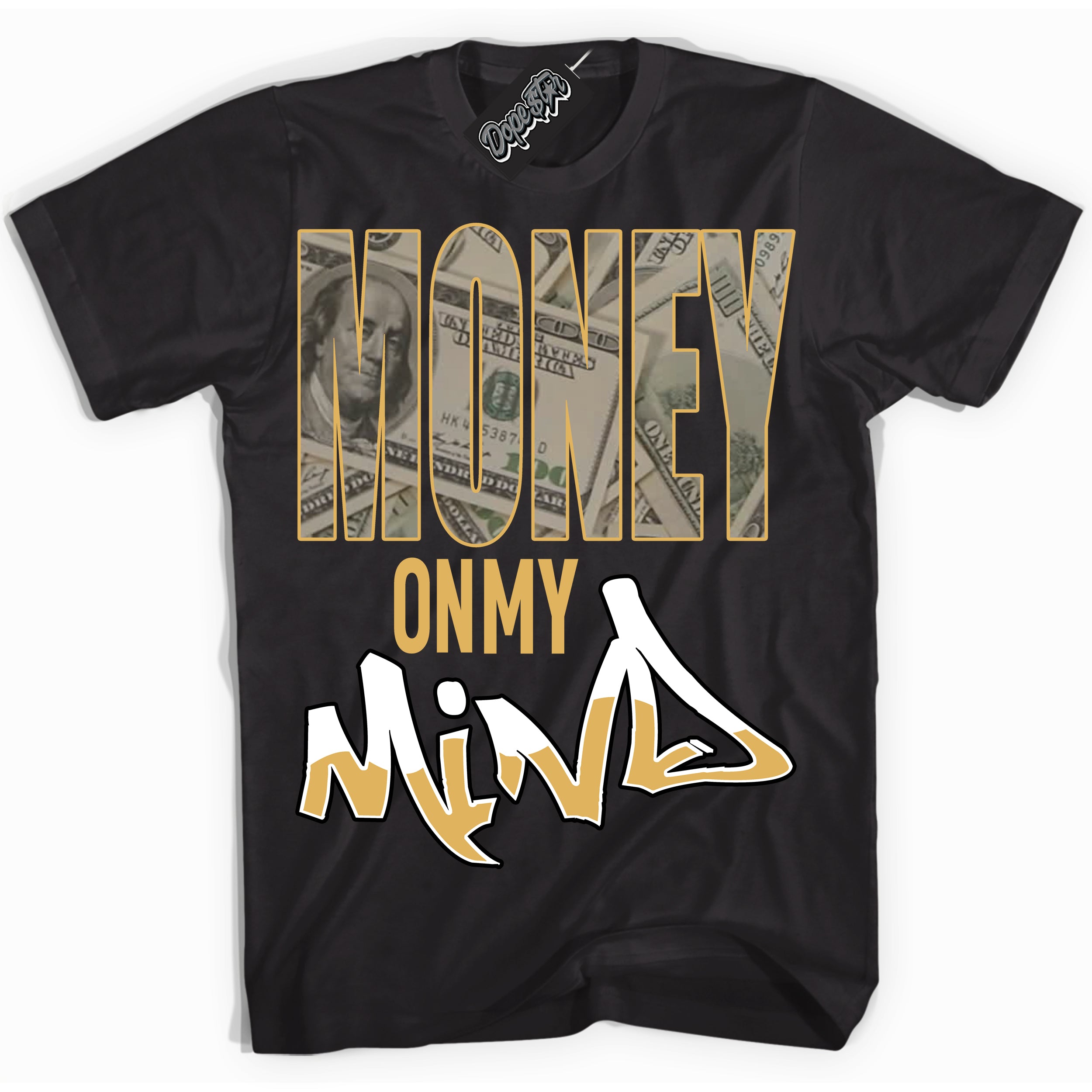 Cool Black Shirt with “ Money On My Mind ” design that perfectly matches Gold Swoosh 1s Sneakers.