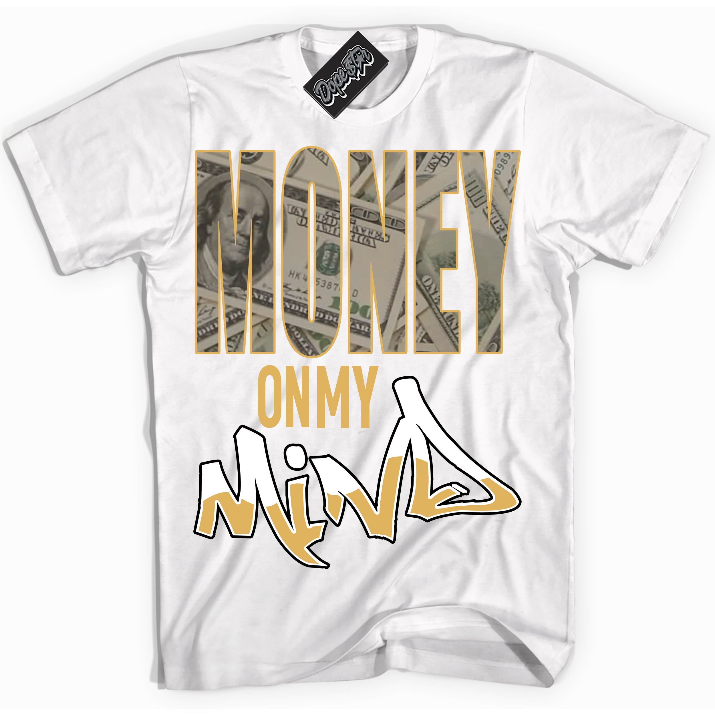Cool White Shirt with “ Money On My Mind ” design that perfectly matches Gold Swoosh 1s Sneakers.