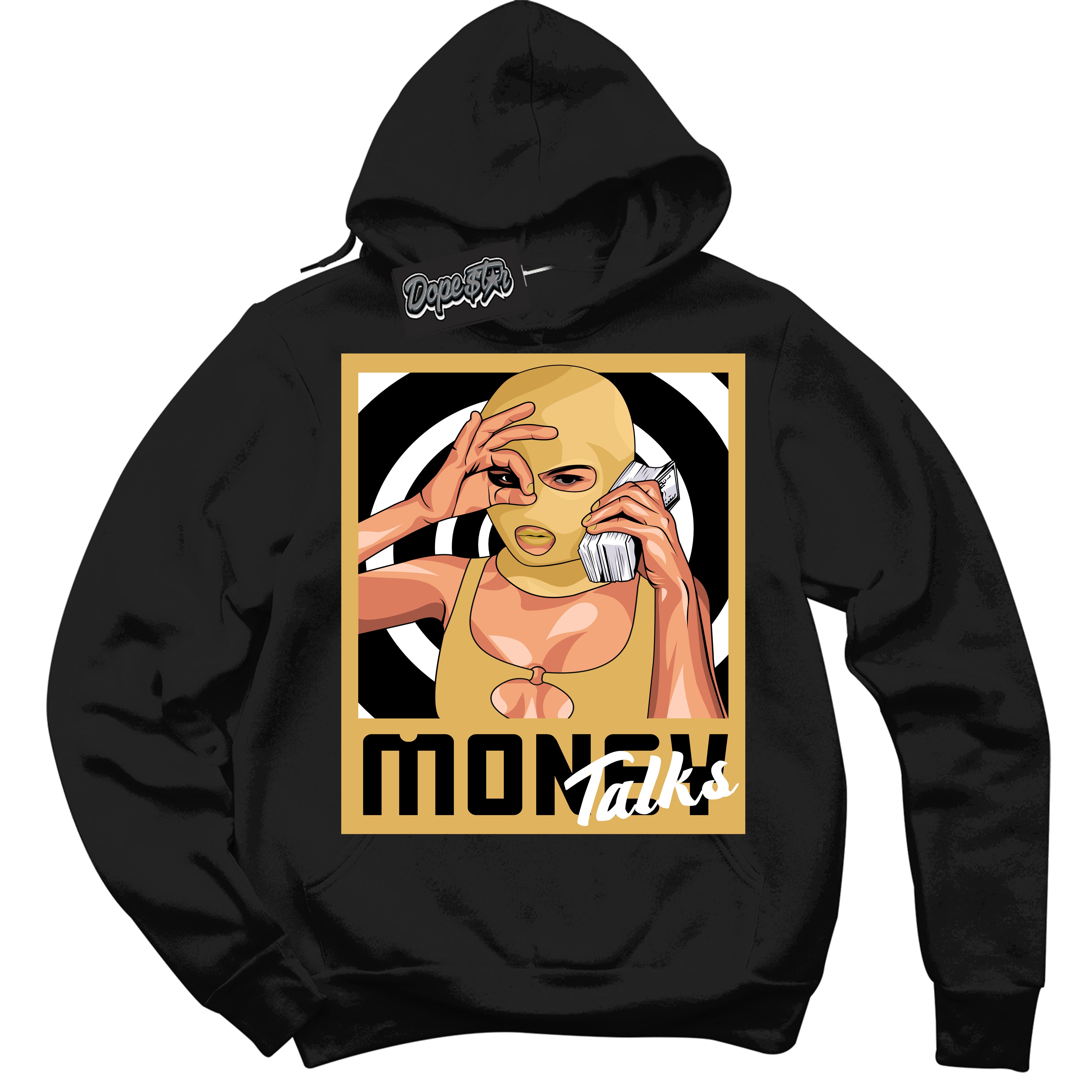 Cool Black Hoodie with “ Money Talks ”  design that Perfectly Matches Gold Swoosh 1s Sneakers.