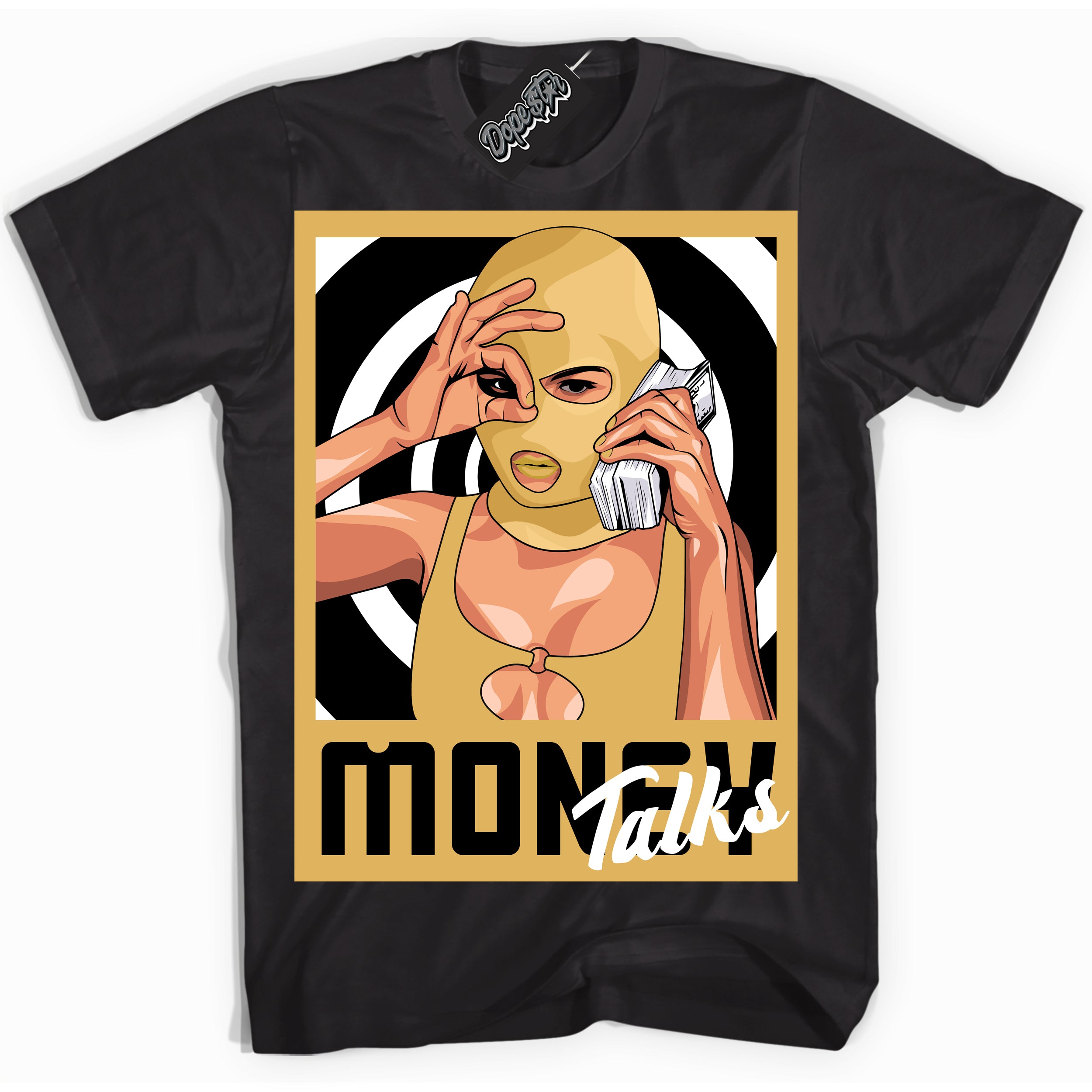 Cool Black Shirt with “ Money Talks ” design that perfectly matches Gold Swoosh 1s Sneakers.