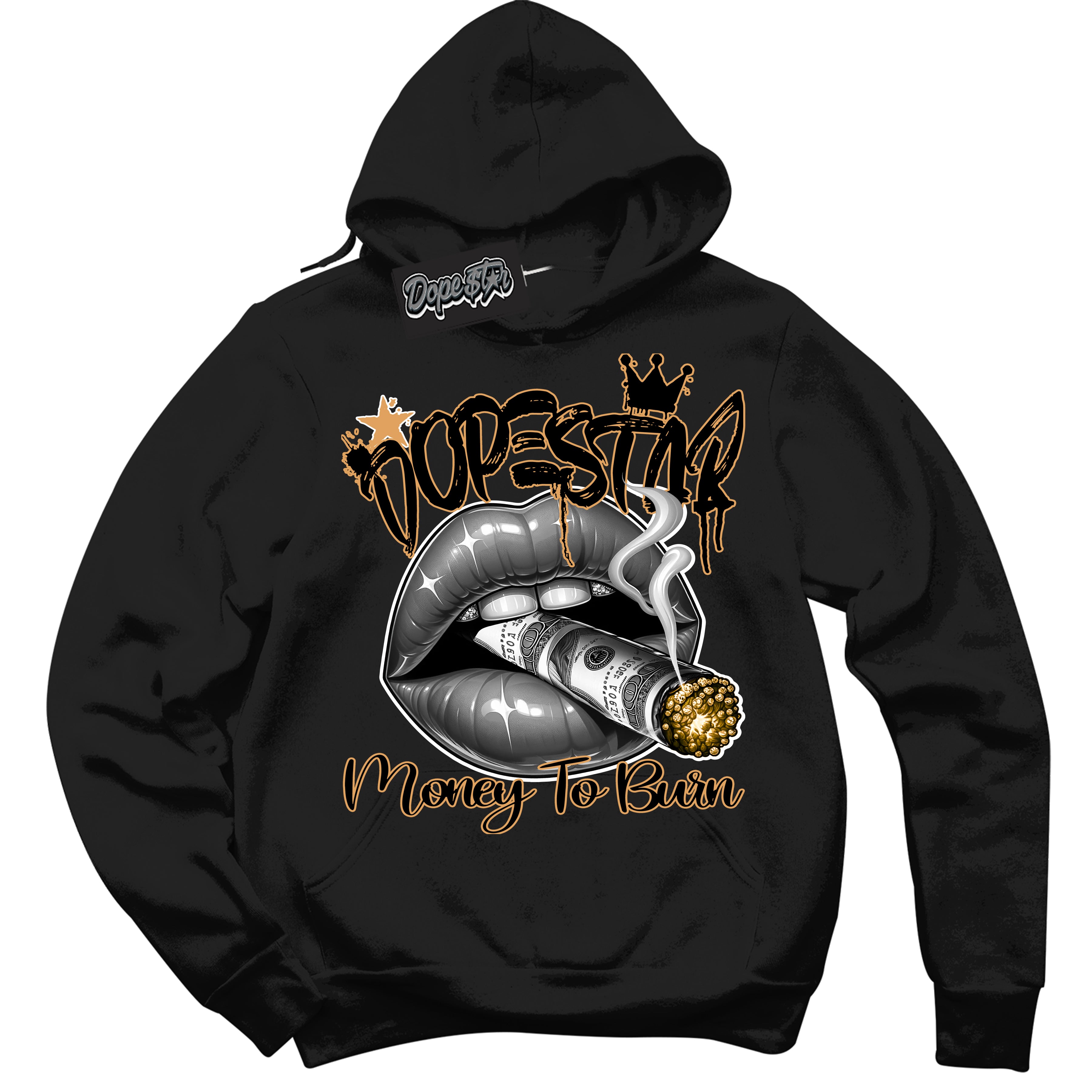 Cool Black Hoodie with “ Money To Burn ”  design that Perfectly Matches Gold Swoosh 1s Sneakers.