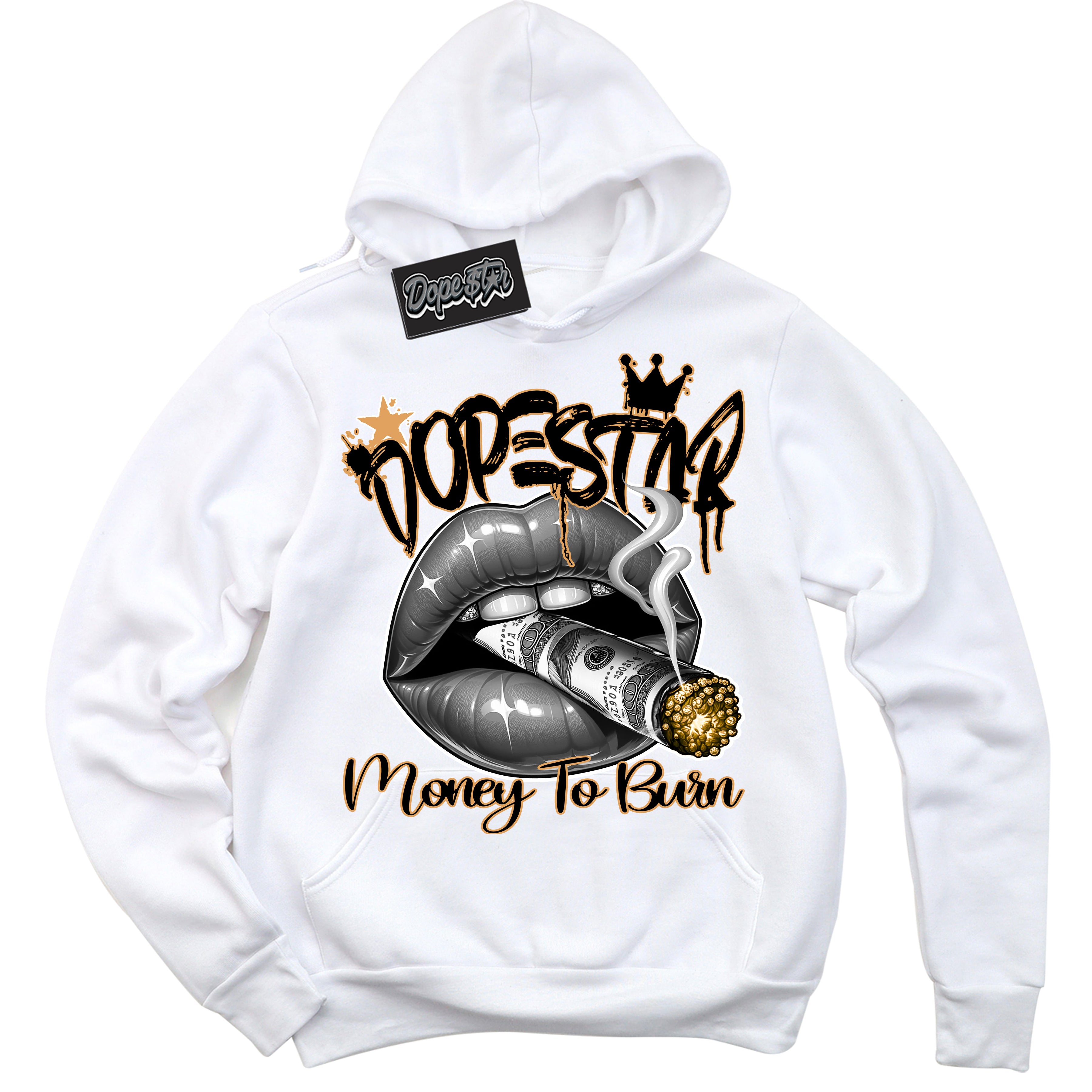Cool White Hoodie with “ Money To Burn ”  design that Perfectly Matches Gold Swoosh 1s Sneakers.