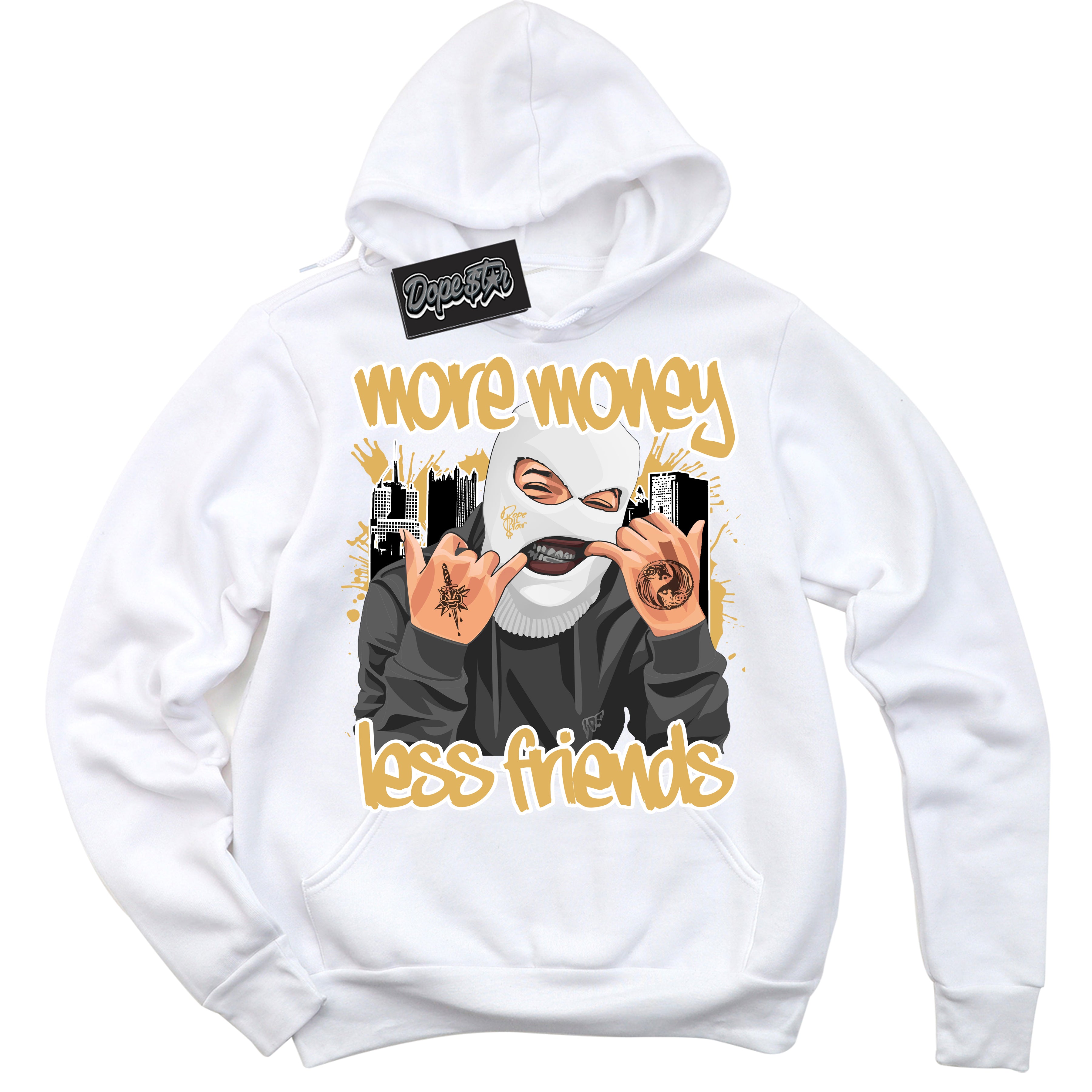 Cool White Hoodie with “ More Money Less Friends ”  design that Perfectly Matches Gold Swoosh 1s Sneakers.