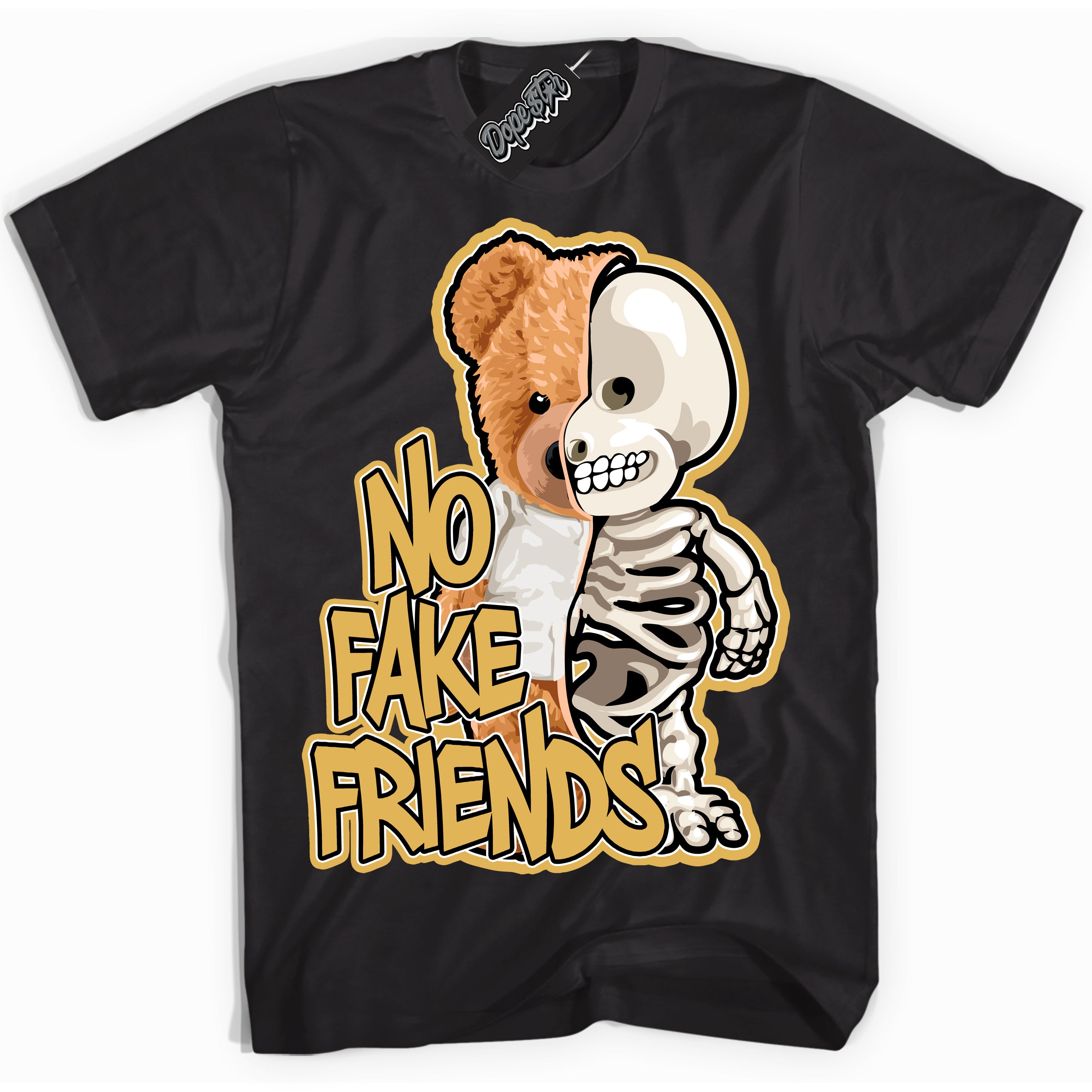 Cool Black Shirt with “ No Fake Friends ” design that perfectly matches Gold Swoosh 1s Sneakers.