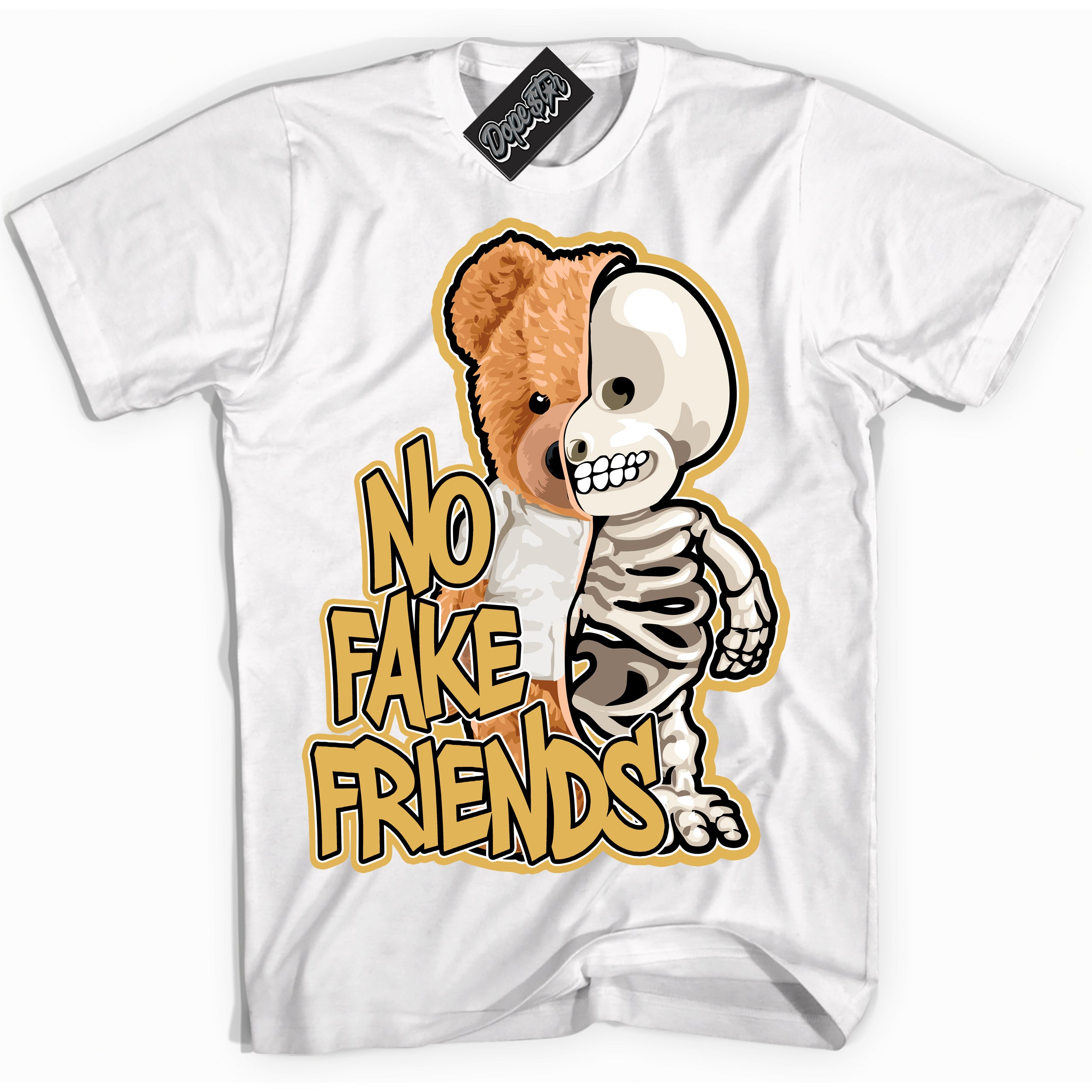 Cool White Shirt with “ No Fake Friends ” design that perfectly matches Gold Swoosh 1s Sneakers.
