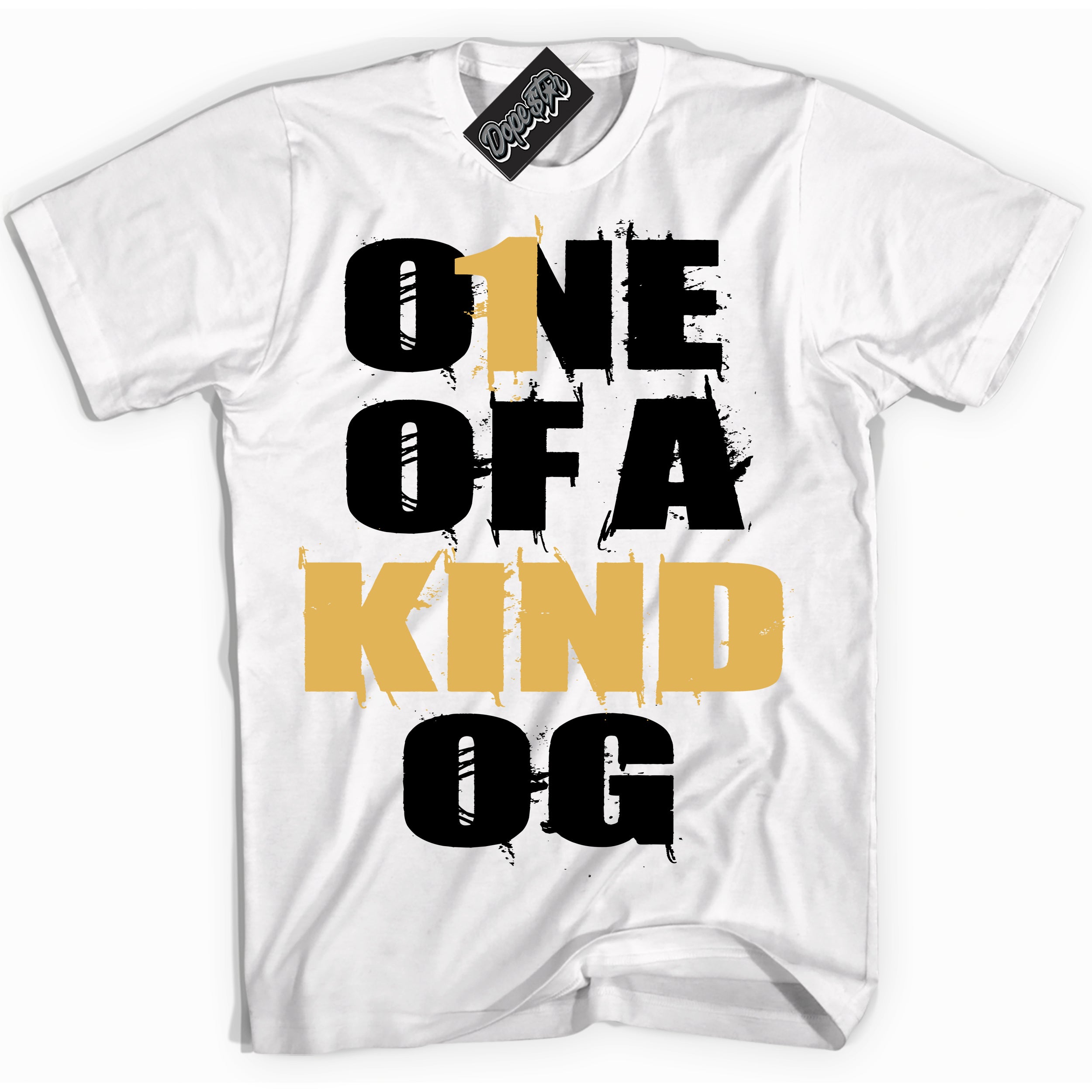 Cool White Shirt with “ One Of A Kind ” design that perfectly matches Gold Swoosh 1s Sneakers.