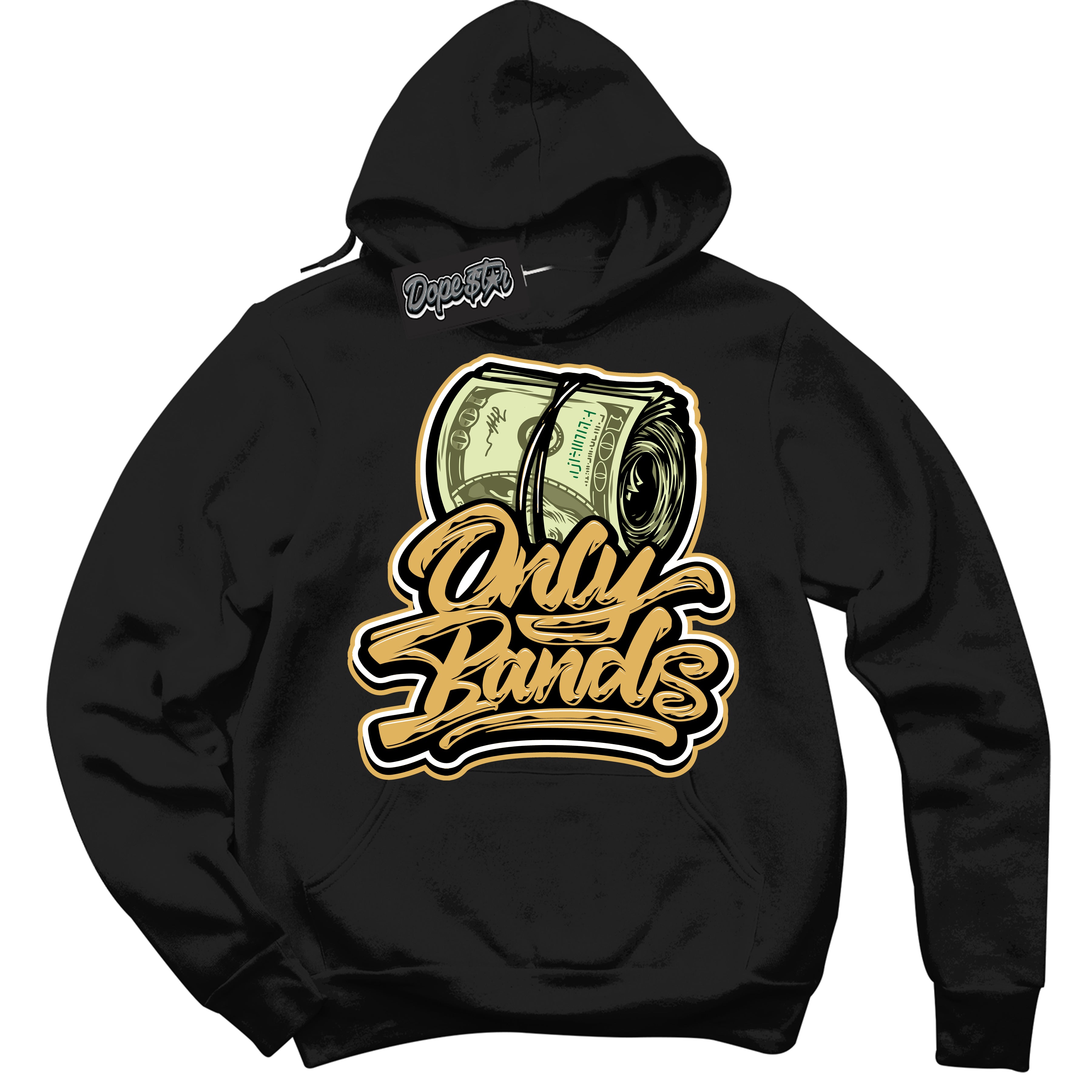 Cool Black Hoodie with “ Only Bands ”  design that Perfectly Matches Gold Swoosh 1s Sneakers.