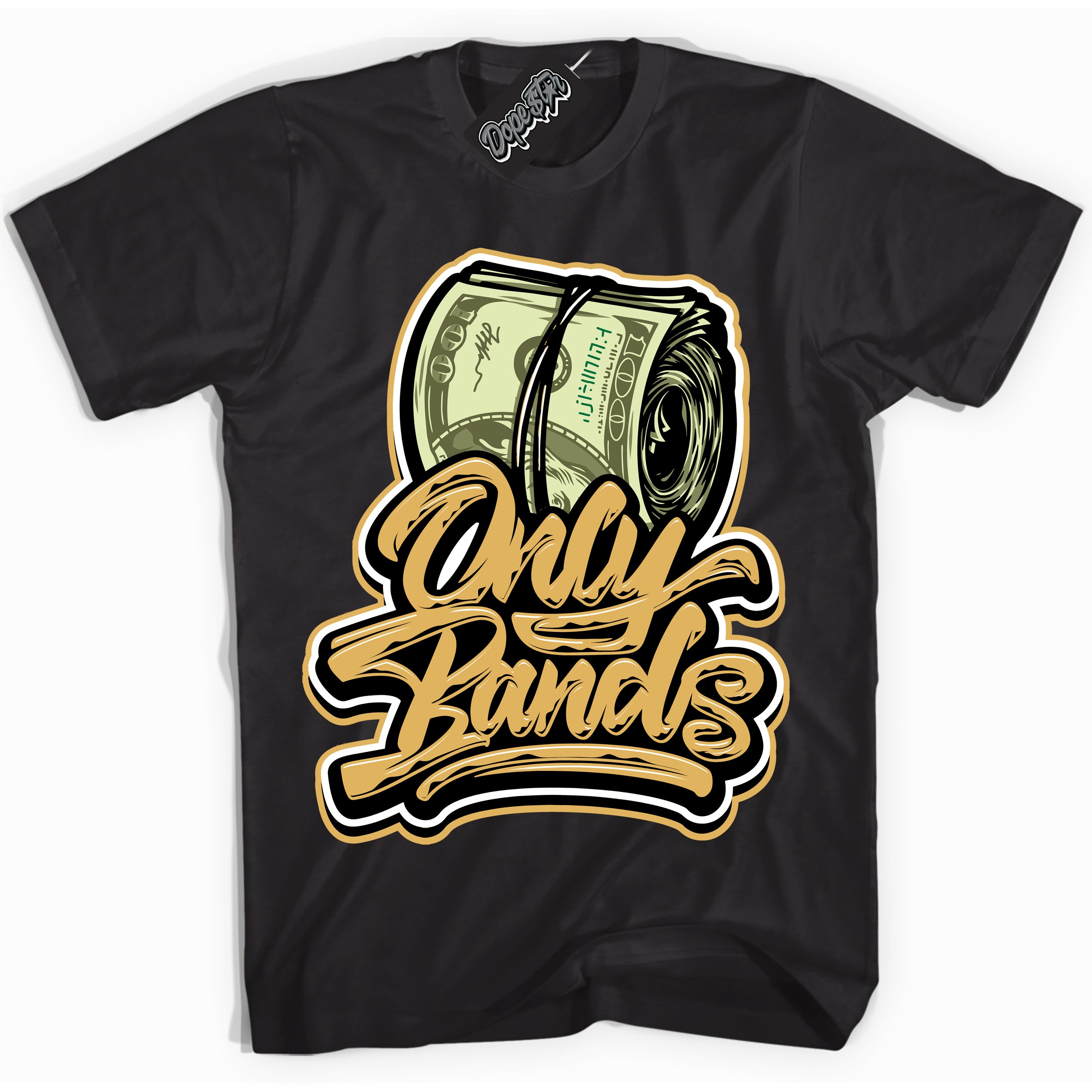 Cool Black Shirt with “ Only Bands ” design that perfectly matches Gold Swoosh 1s Sneakers.