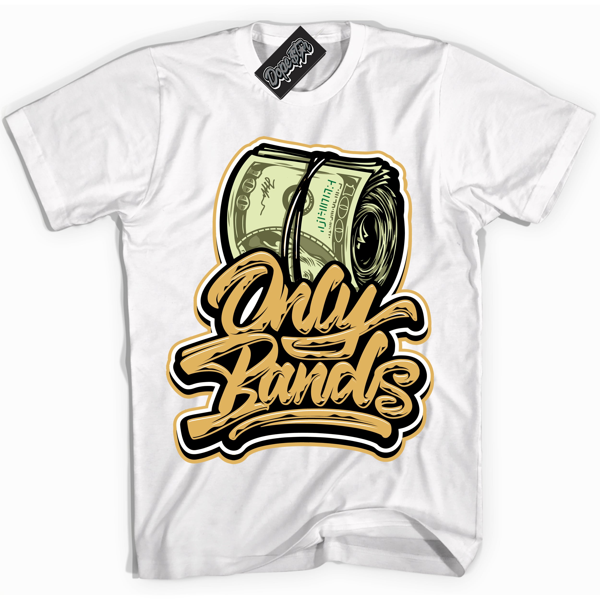 Cool White Shirt with “ Only Bands ” design that perfectly matches Gold Swoosh 1s Sneakers.