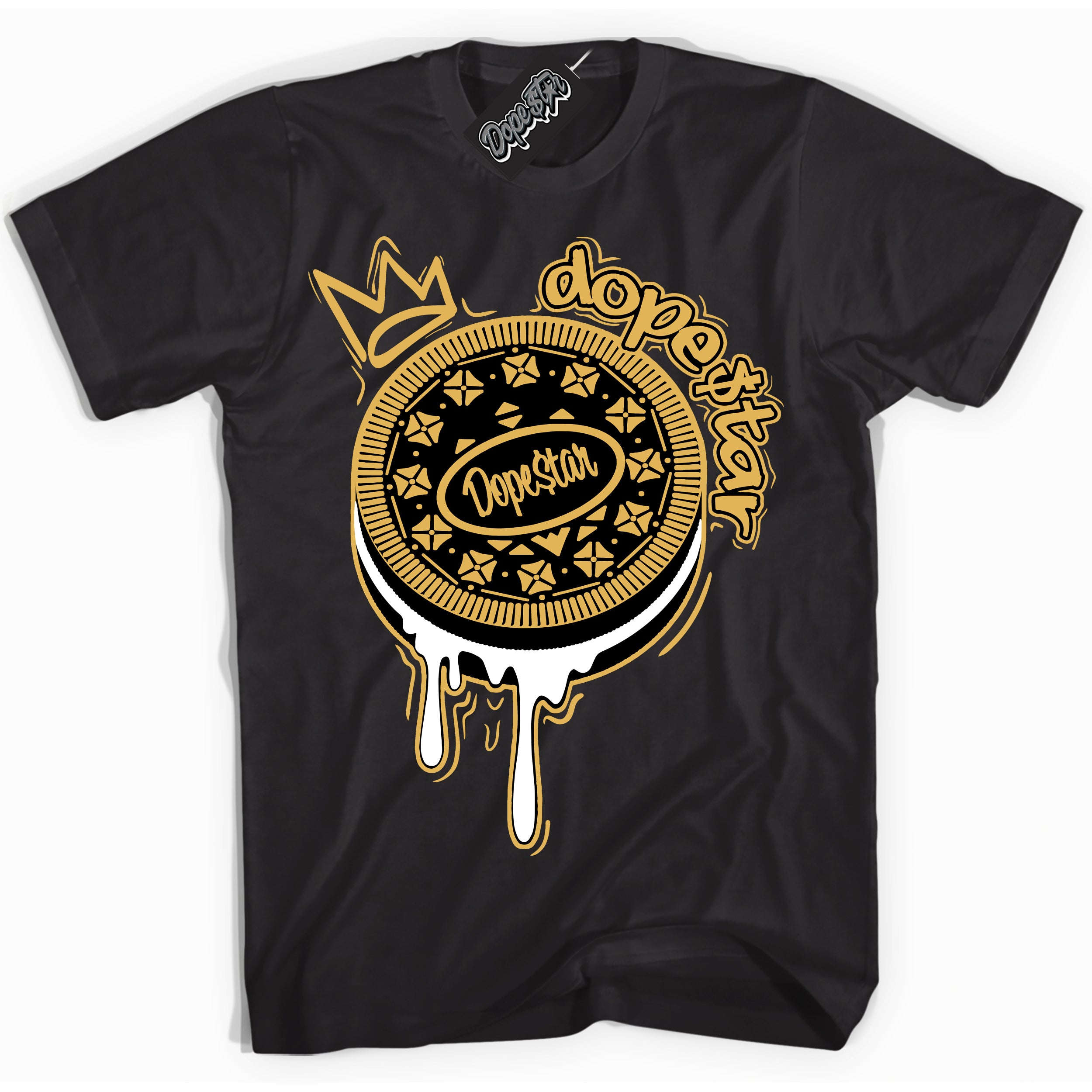 Cool Black Shirt with “ Oreo DS ” design that perfectly matches Gold Swoosh 1s Sneakers.