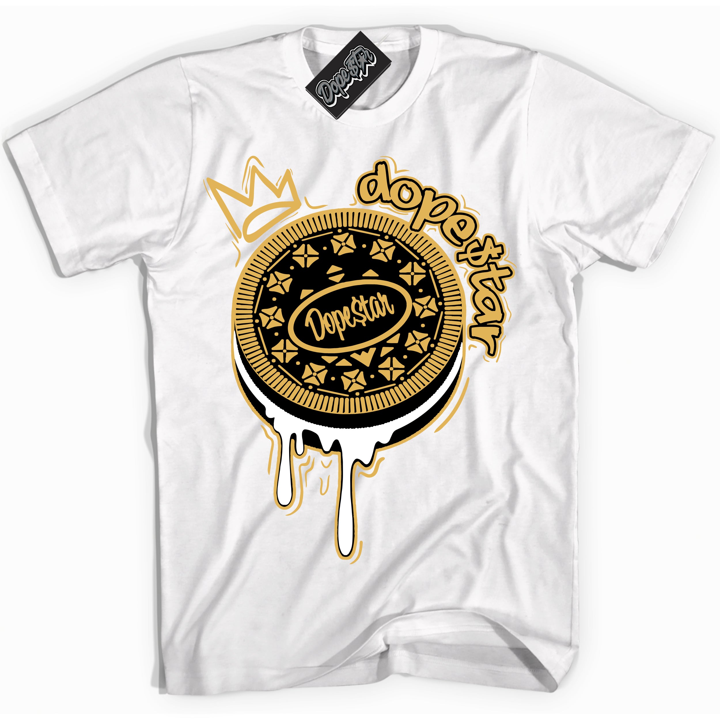Cool White Shirt with “ Oreo DS ” design that perfectly matches Gold Swoosh 1s Sneakers.