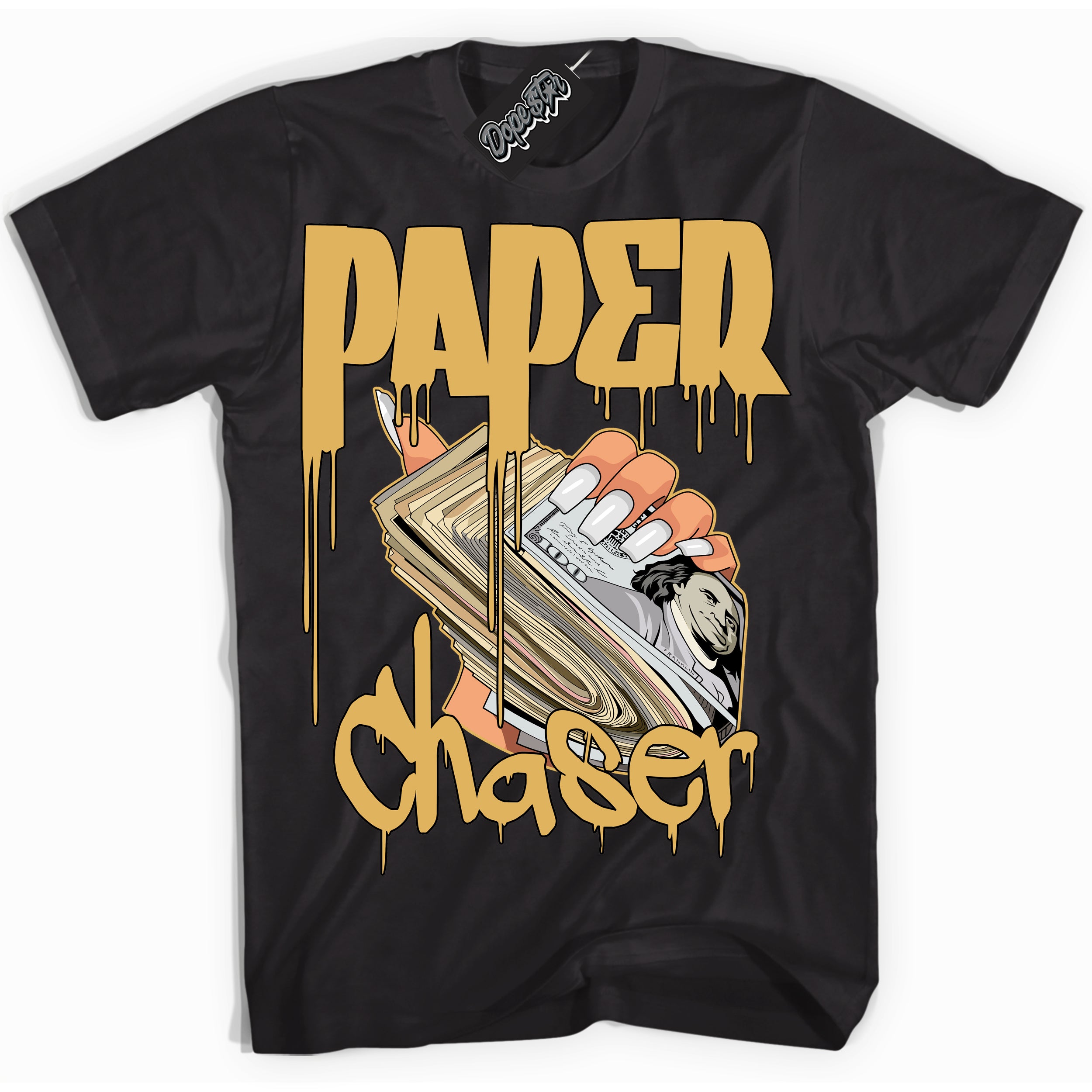 Cool Black Shirt with “ Paper Chaser ” design that perfectly matches Gold Swoosh 1s Sneakers.