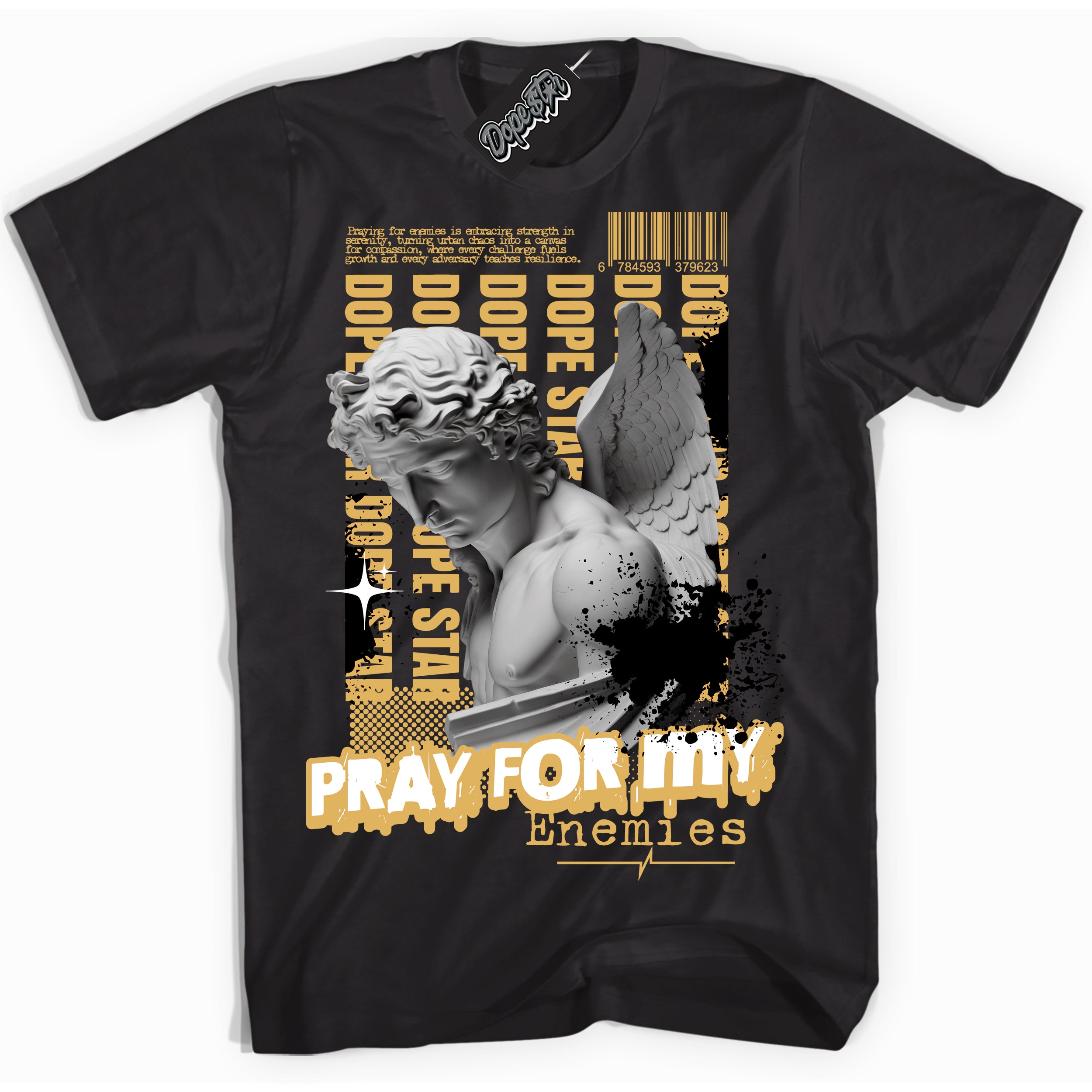Cool Black Shirt with “ Pray Enemies ” design that perfectly matches Gold Swoosh 1s Sneakers.