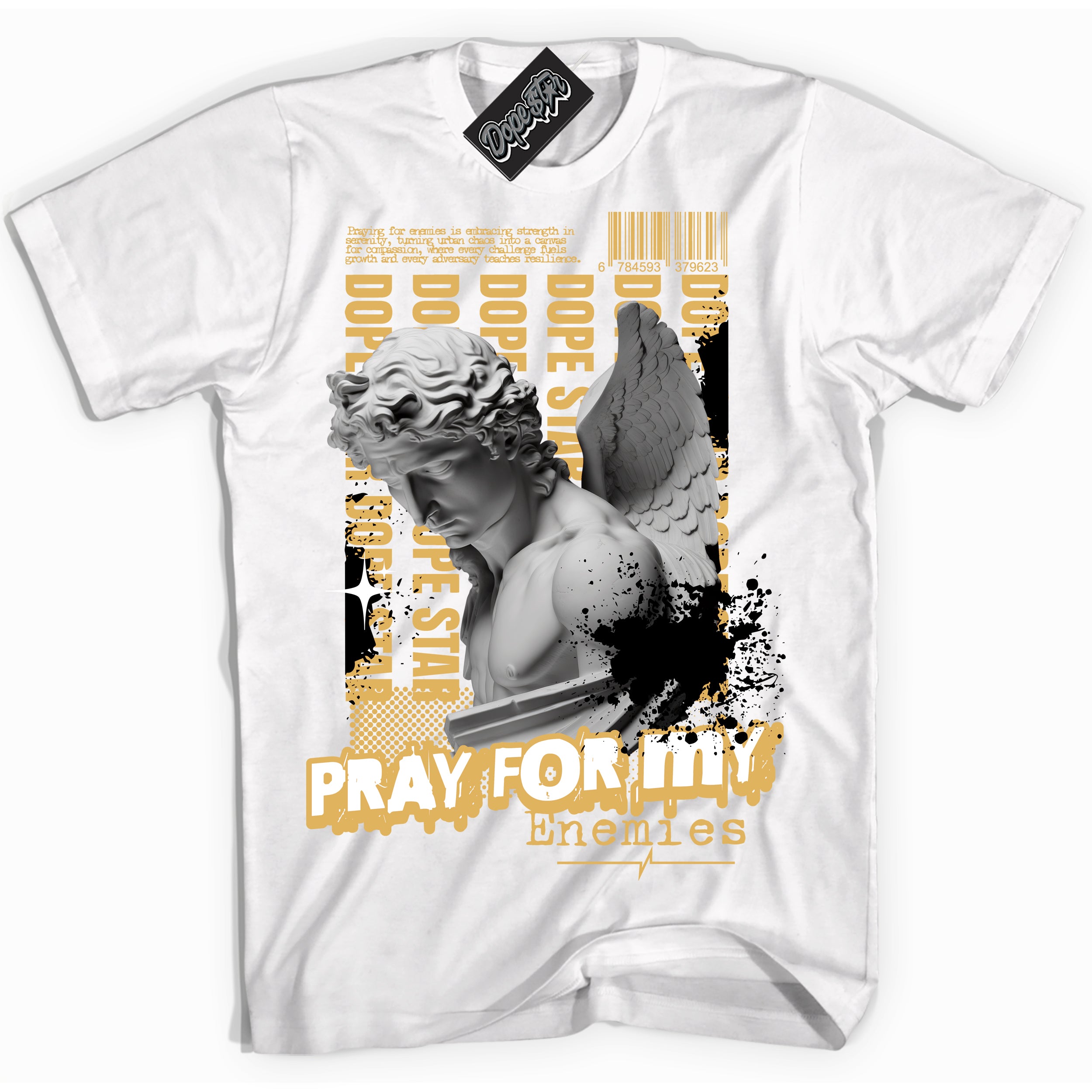 Cool White Shirt with “ Pray Enemies ” design that perfectly matches Gold Swoosh 1s Sneakers.