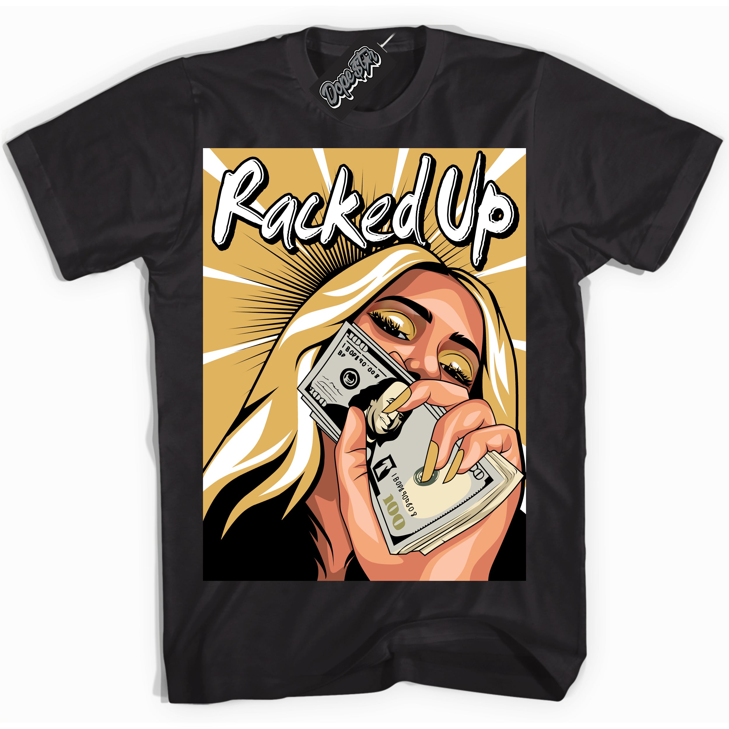 Cool Black Shirt with “ Racked Up ” design that perfectly matches Gold Swoosh 1s Sneakers.