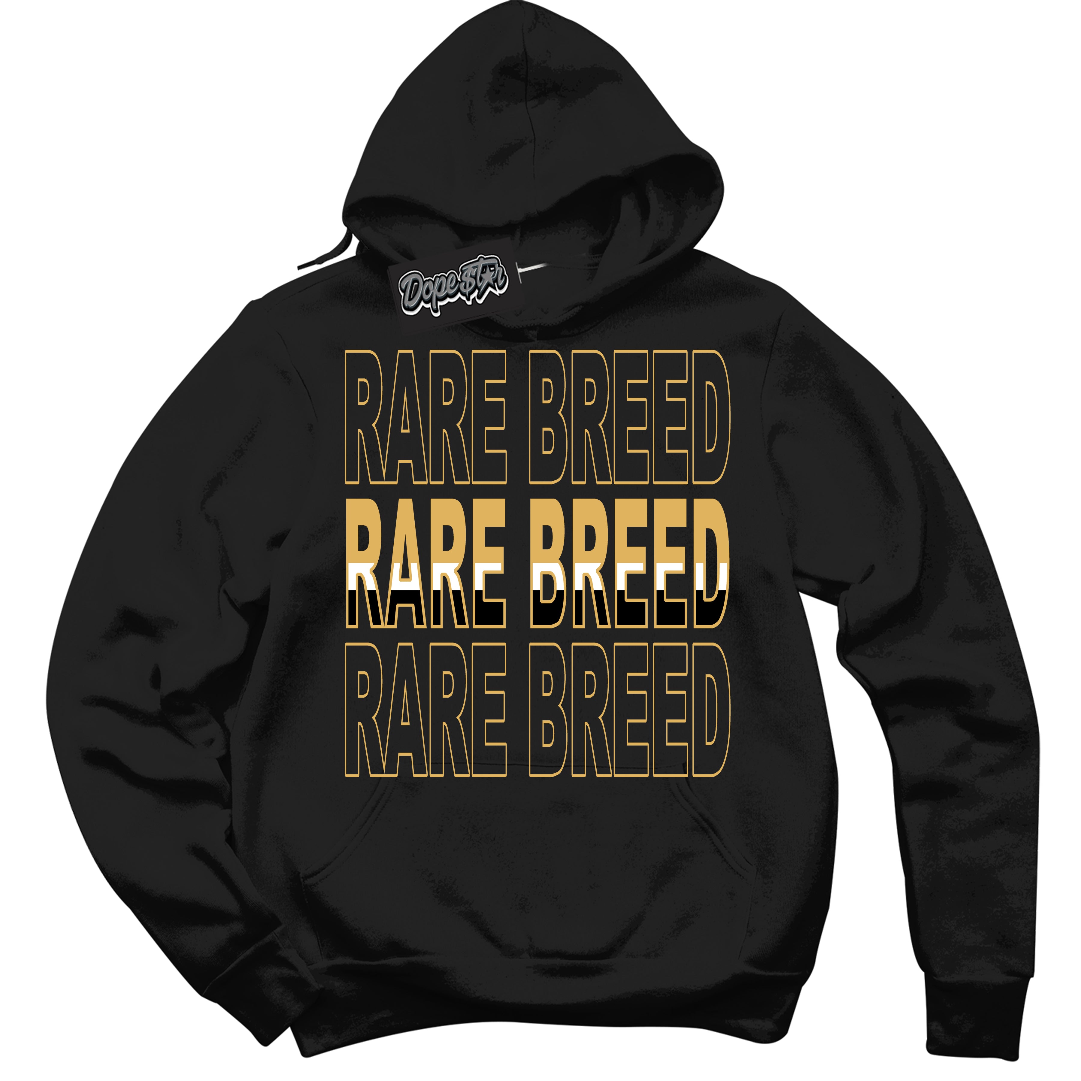 Cool Black Hoodie with “ Rare Breed ”  design that Perfectly Matches Gold Swoosh 1s Sneakers.