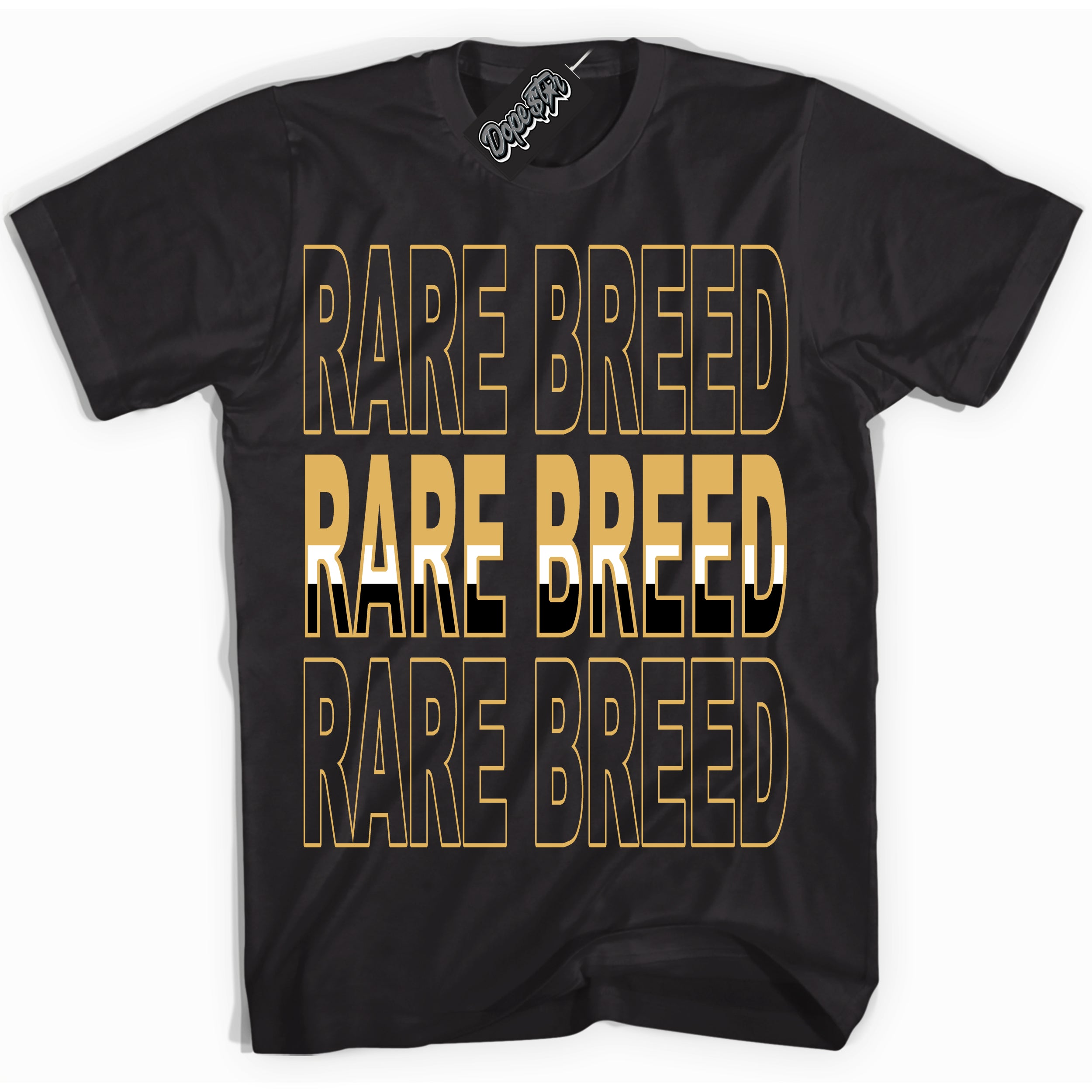 Cool Black Shirt with “ Rare Breed ” design that perfectly matches Gold Swoosh 1s Sneakers.