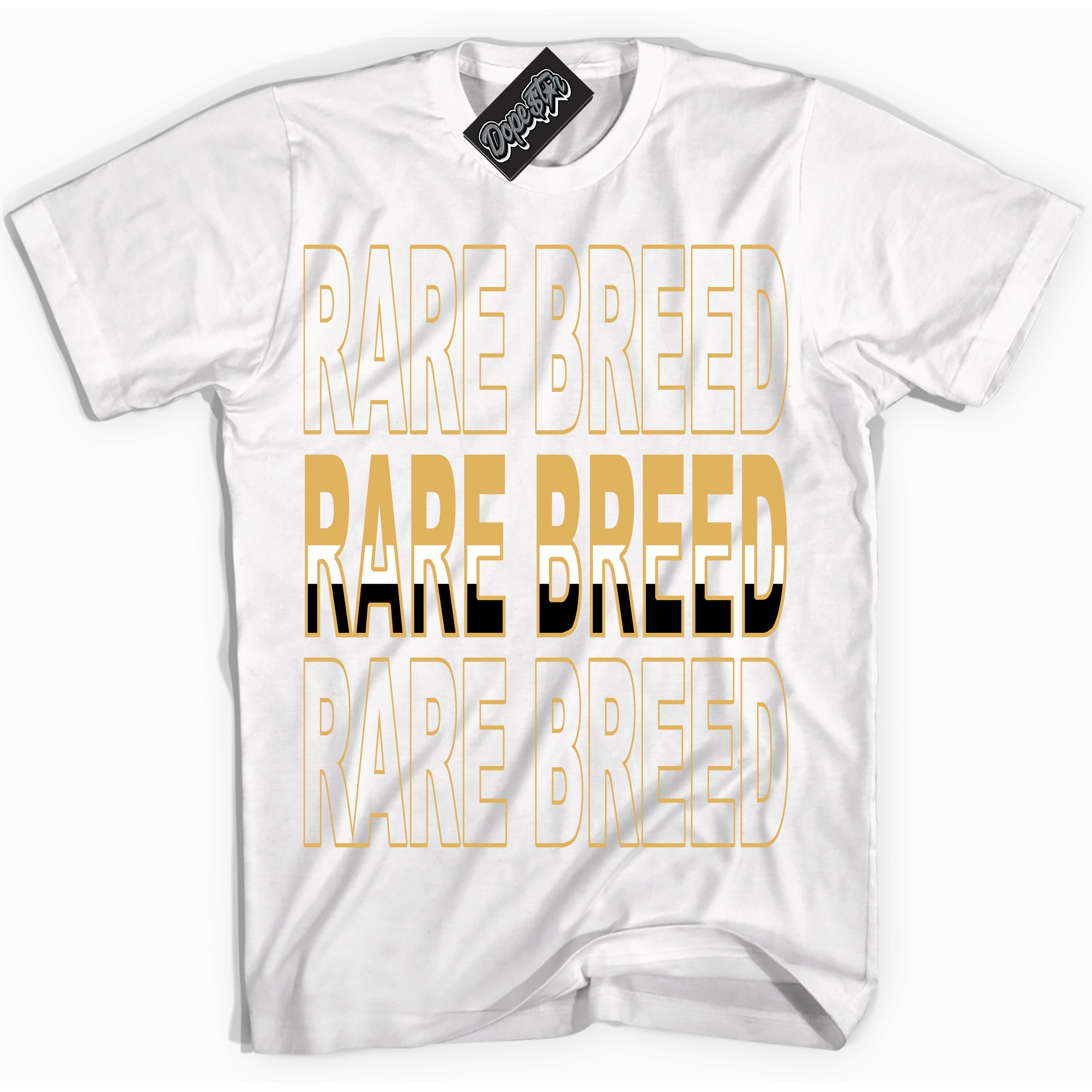 Cool White Shirt with “ Rare Breed ” design that perfectly matches Gold Swoosh 1s Sneakers.