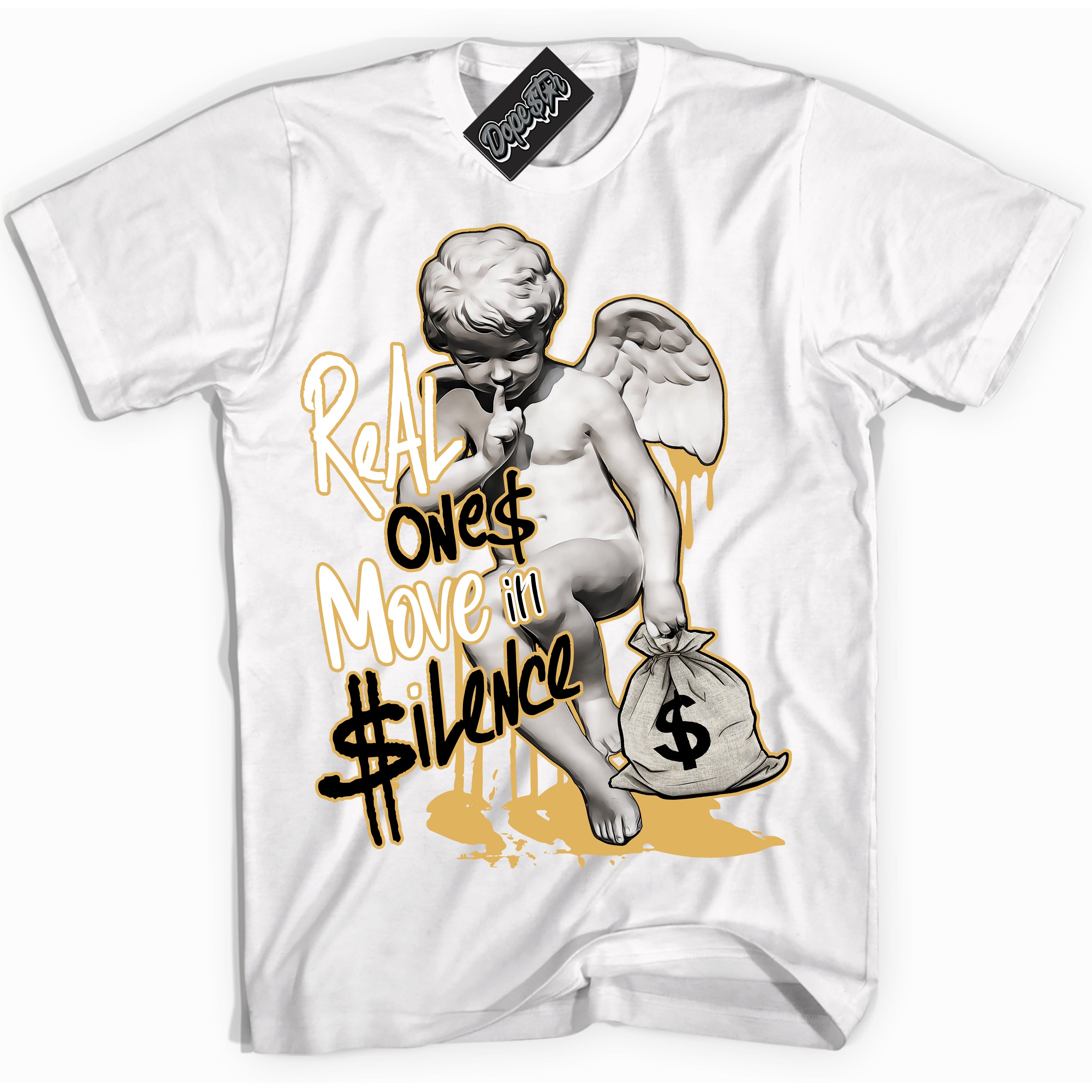 Cool White Shirt with “ Real Ones Cherub ” design that perfectly matches Gold Swoosh 1s Sneakers.