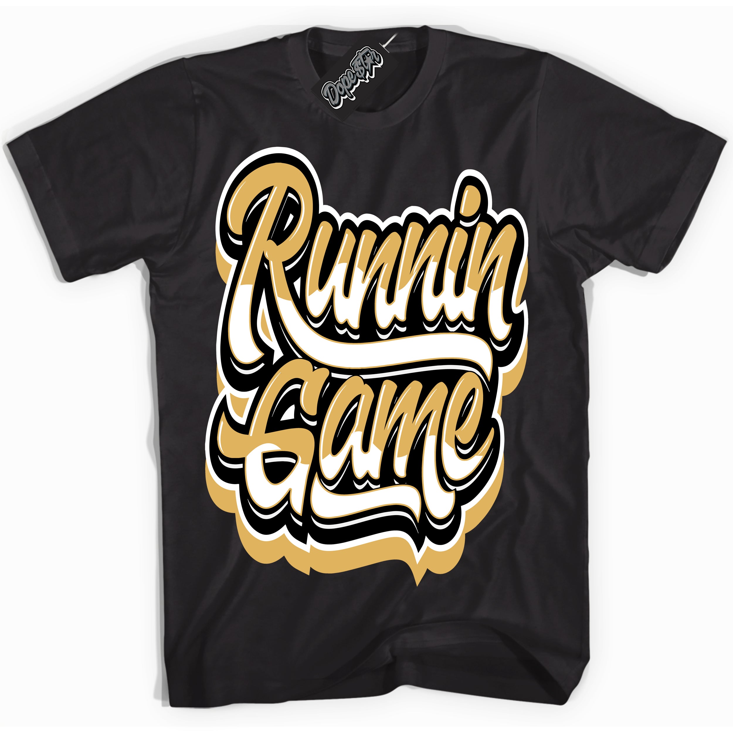 Cool Black Shirt with “ Running Game ” design that perfectly matches Gold Swoosh 1s Sneakers.