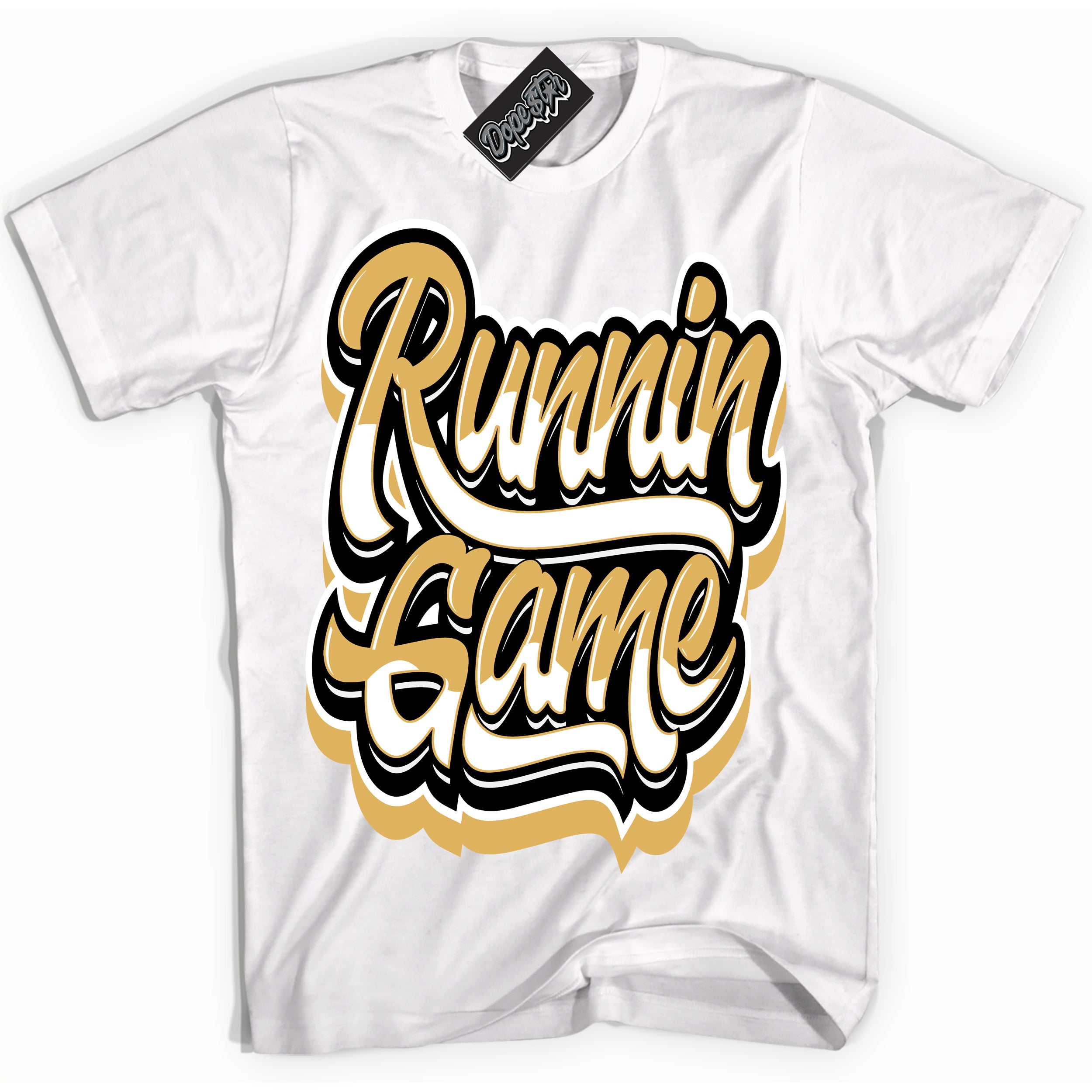 Cool White Shirt with “ Running Game ” design that perfectly matches Gold Swoosh 1s Sneakers.