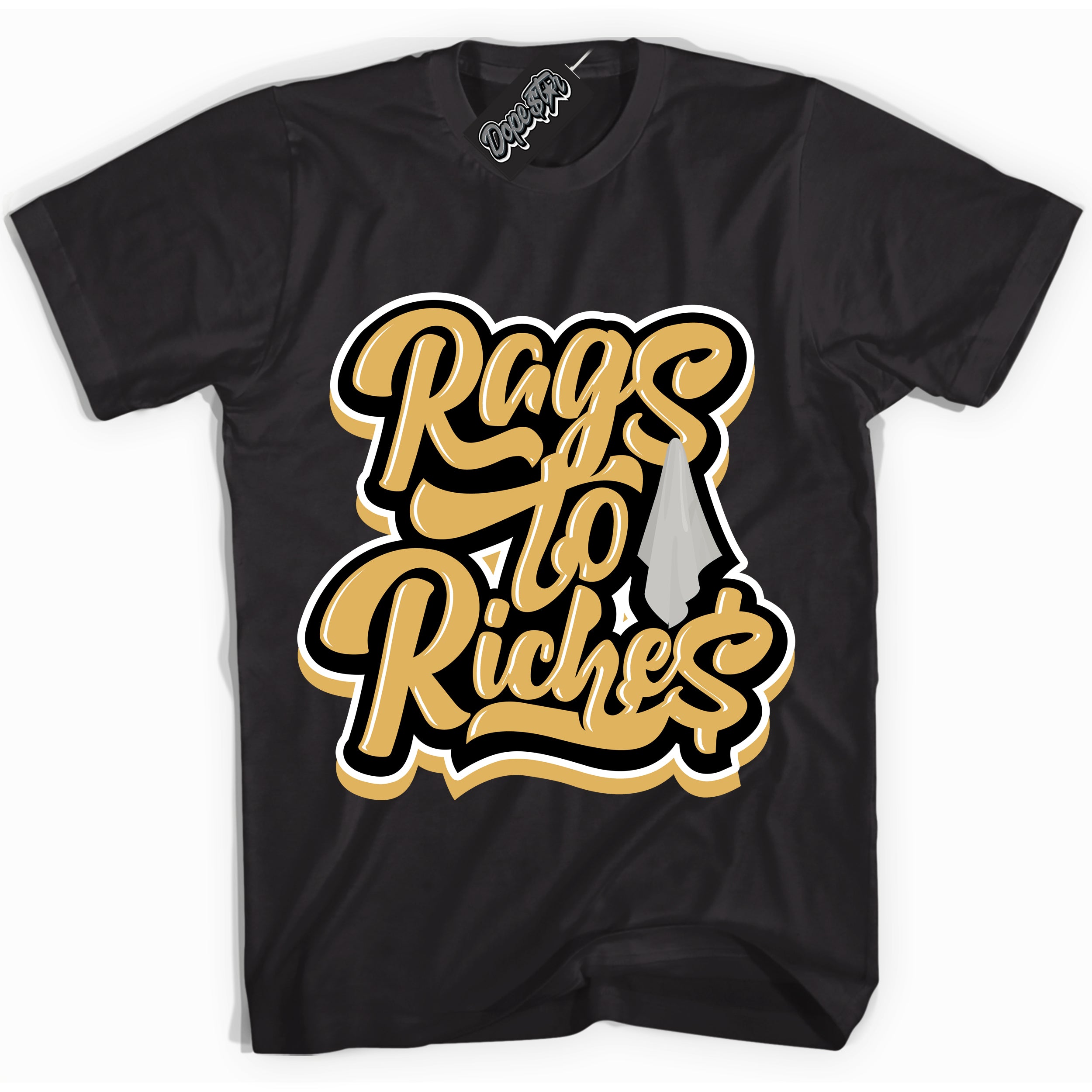 Cool Black Shirt with “ Rags To Riches ” design that perfectly matches Gold Swoosh 1s Sneakers.