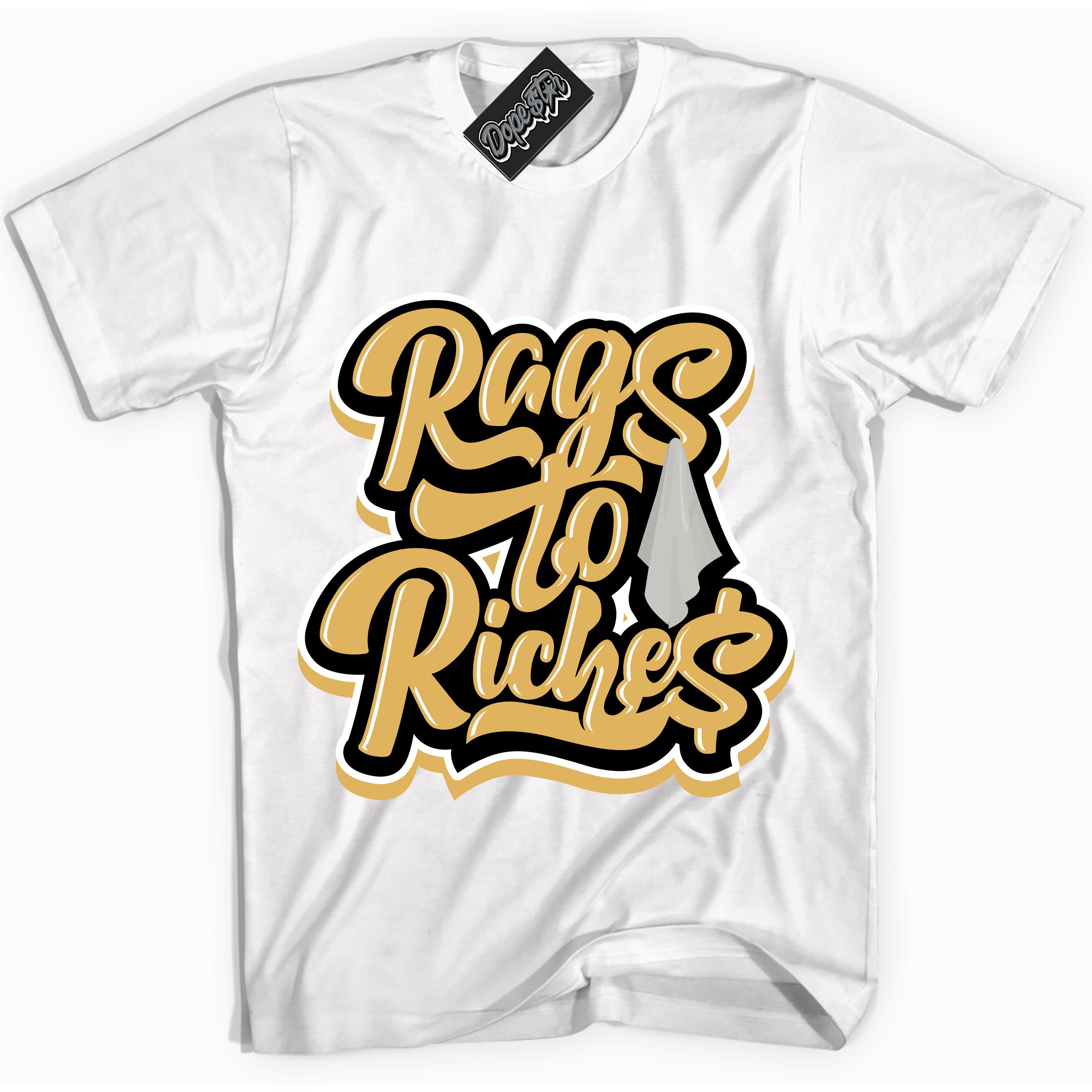 Cool White Shirt with “ Rags To Riches ” design that perfectly matches Gold Swoosh 1s Sneakers.