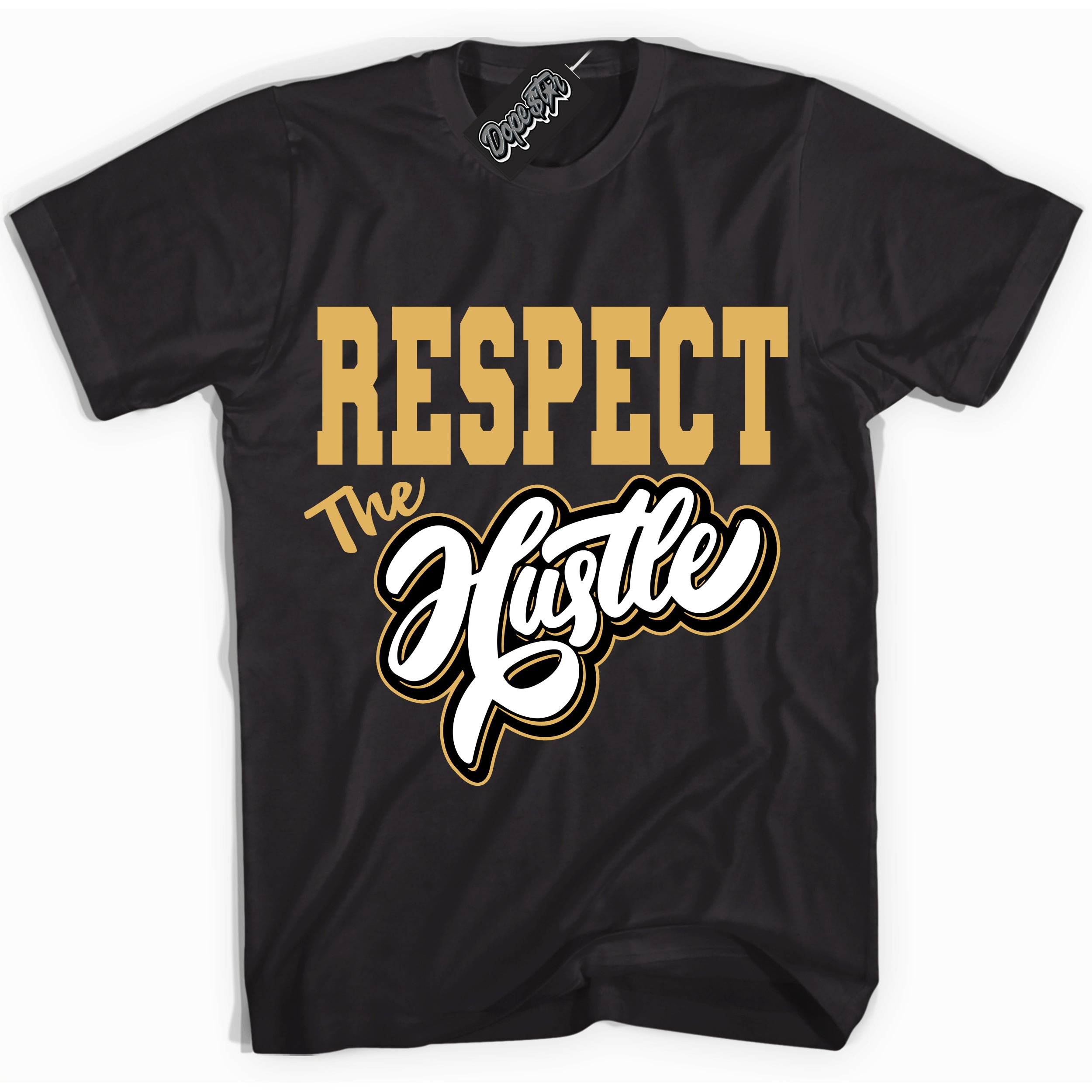 Cool Black Shirt with “ Respect The Hustle ” design that perfectly matches Gold Swoosh 1s Sneakers.