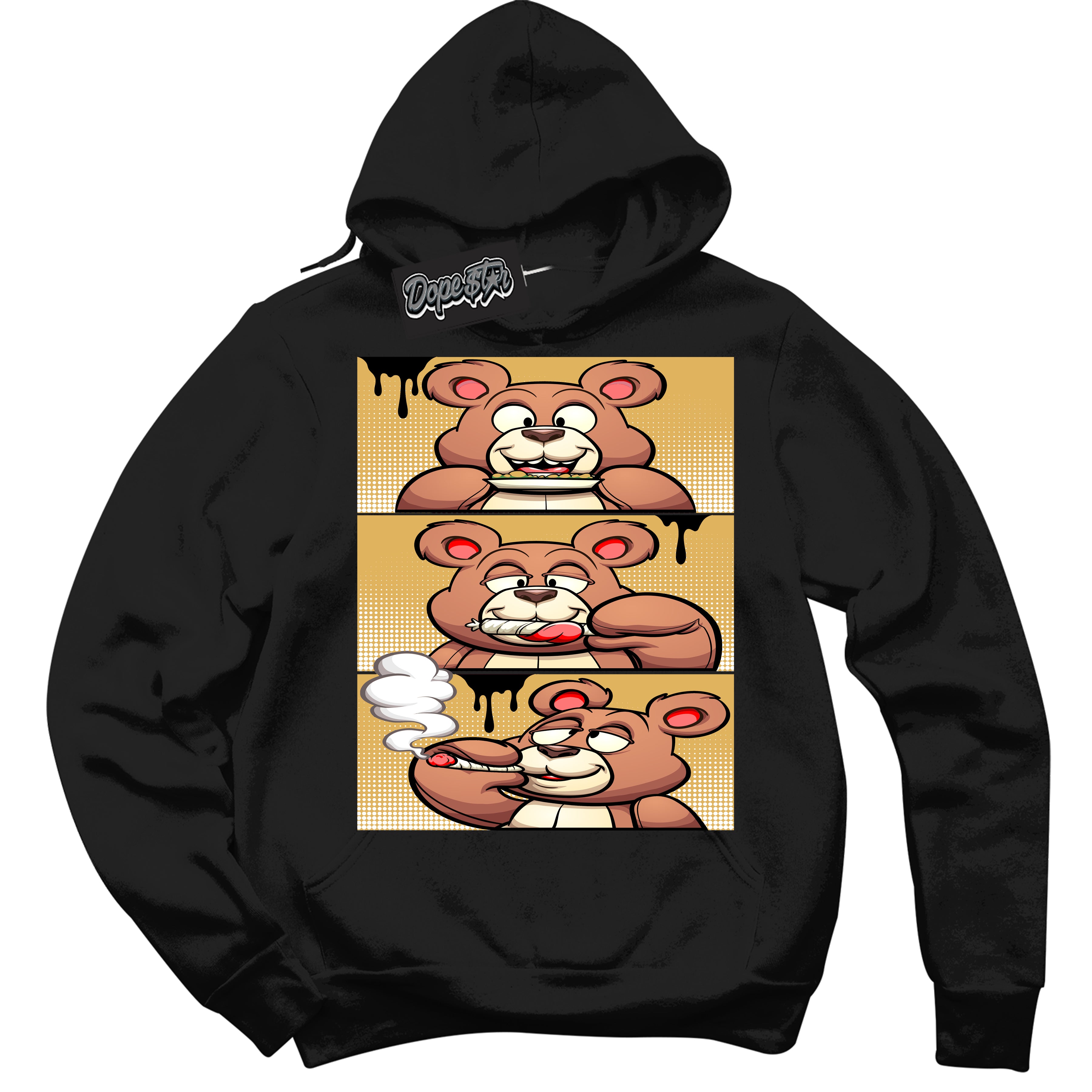 Cool Black Hoodie with “ Roll It Lick It Smoke It Bear ”  design that Perfectly Matches Gold Swoosh 1s Sneakers.