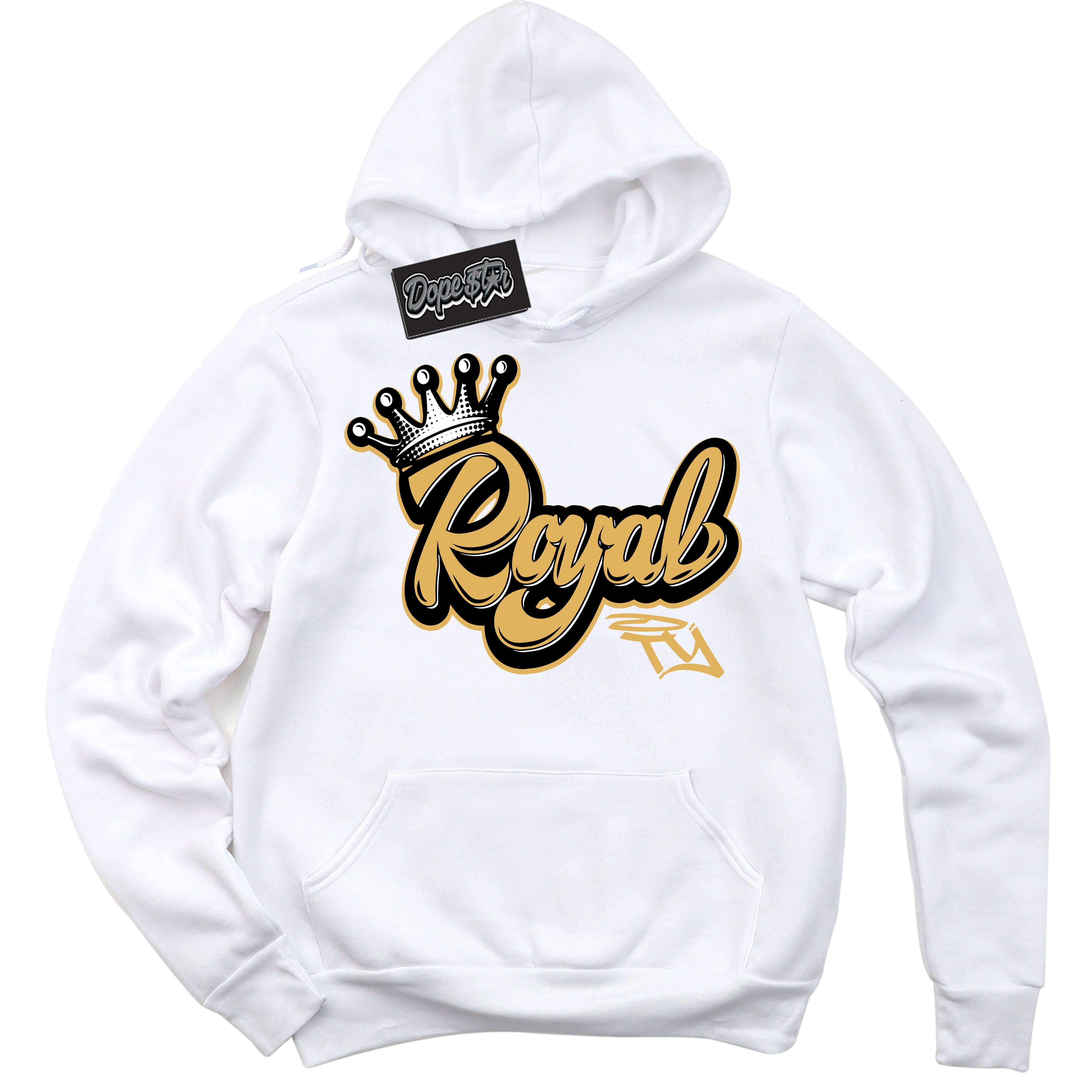 Cool White Hoodie with “ Royalty ”  design that Perfectly Matches Gold Swoosh 1s Sneakers.