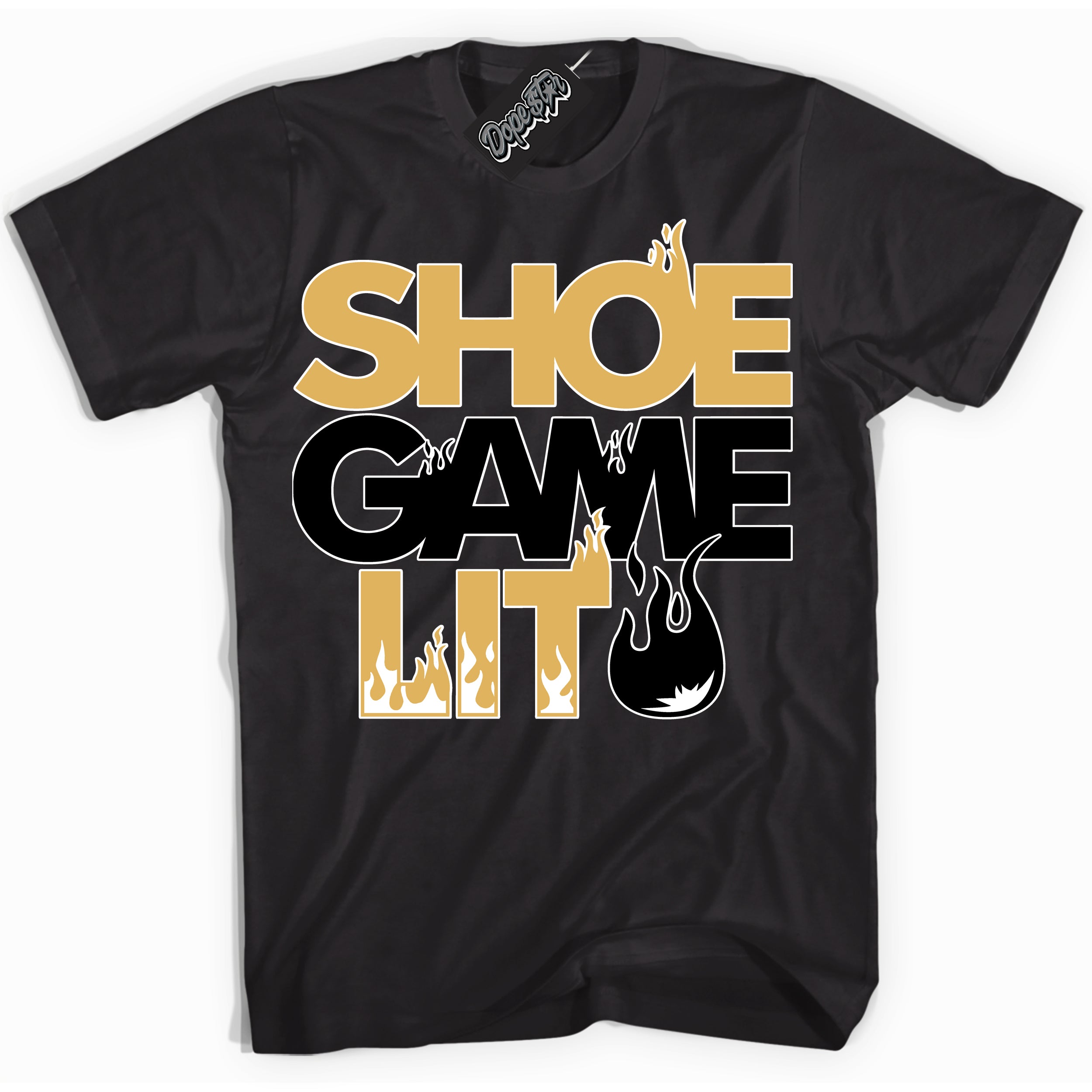 Cool Black Shirt with “ Shoe Game Lit ” design that perfectly matches Gold Swoosh 1s Sneakers.