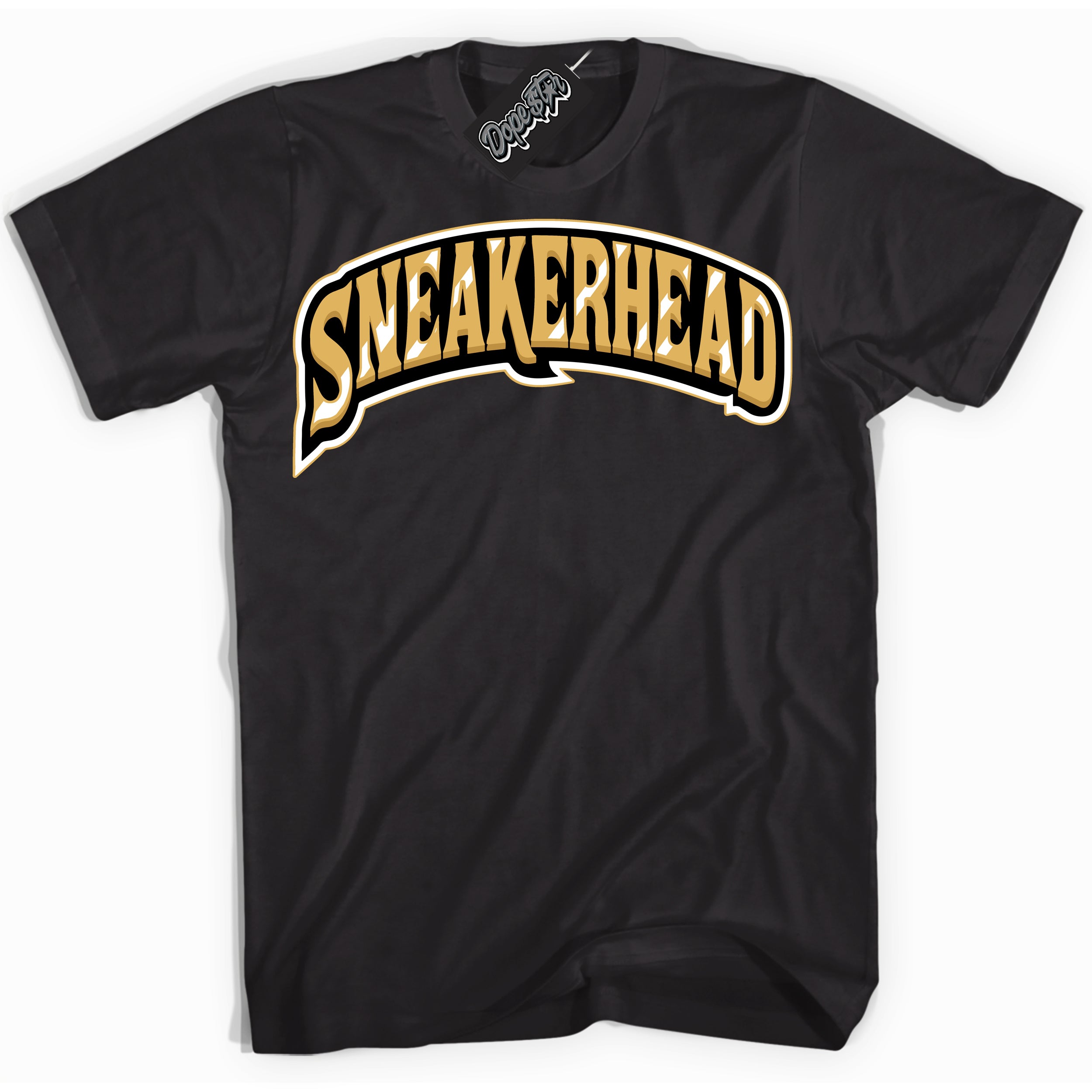 Cool Black Shirt with “ Sneakerhead ” design that perfectly matches Gold Swoosh 1s Sneakers.