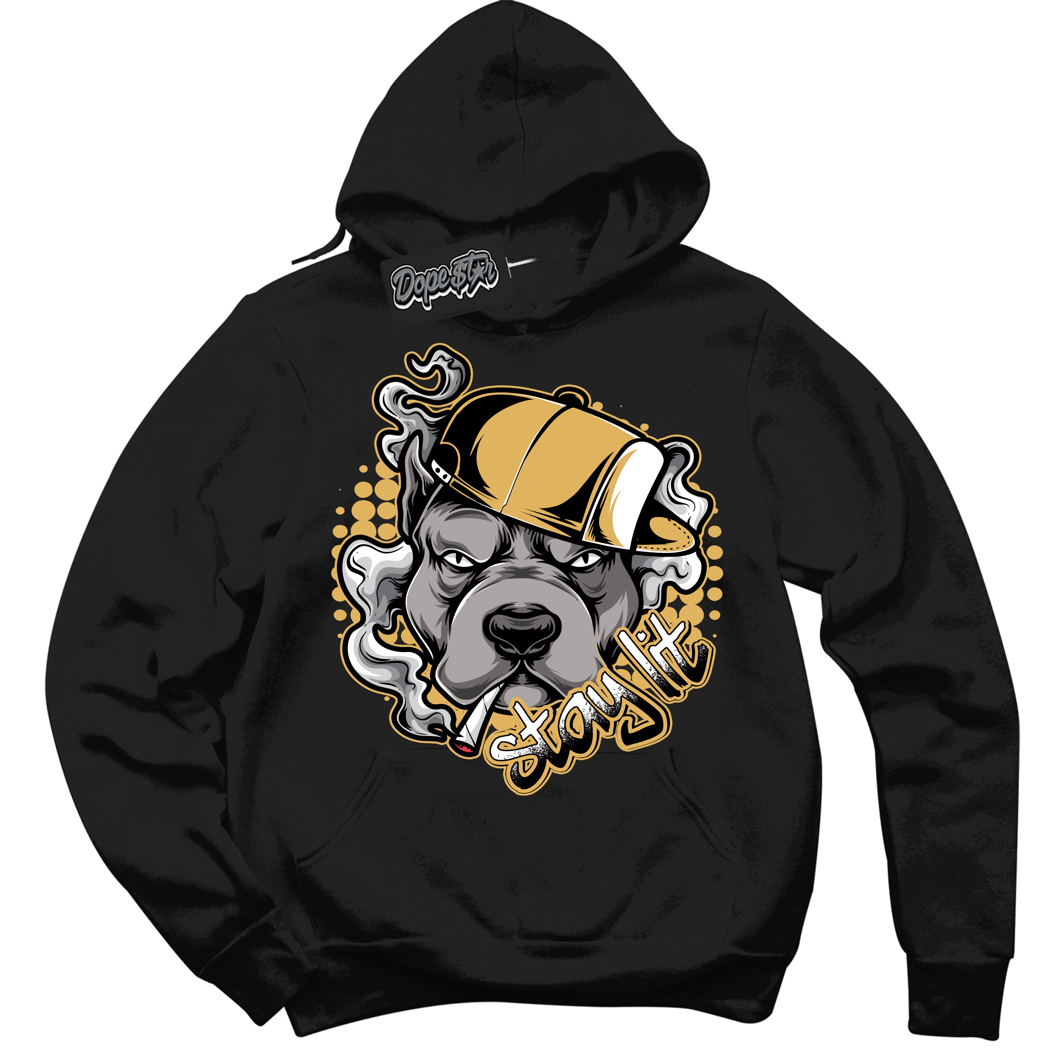 Cool Black Hoodie with “ Stay Lit ”  design that Perfectly Matches Gold Swoosh 1s Sneakers.