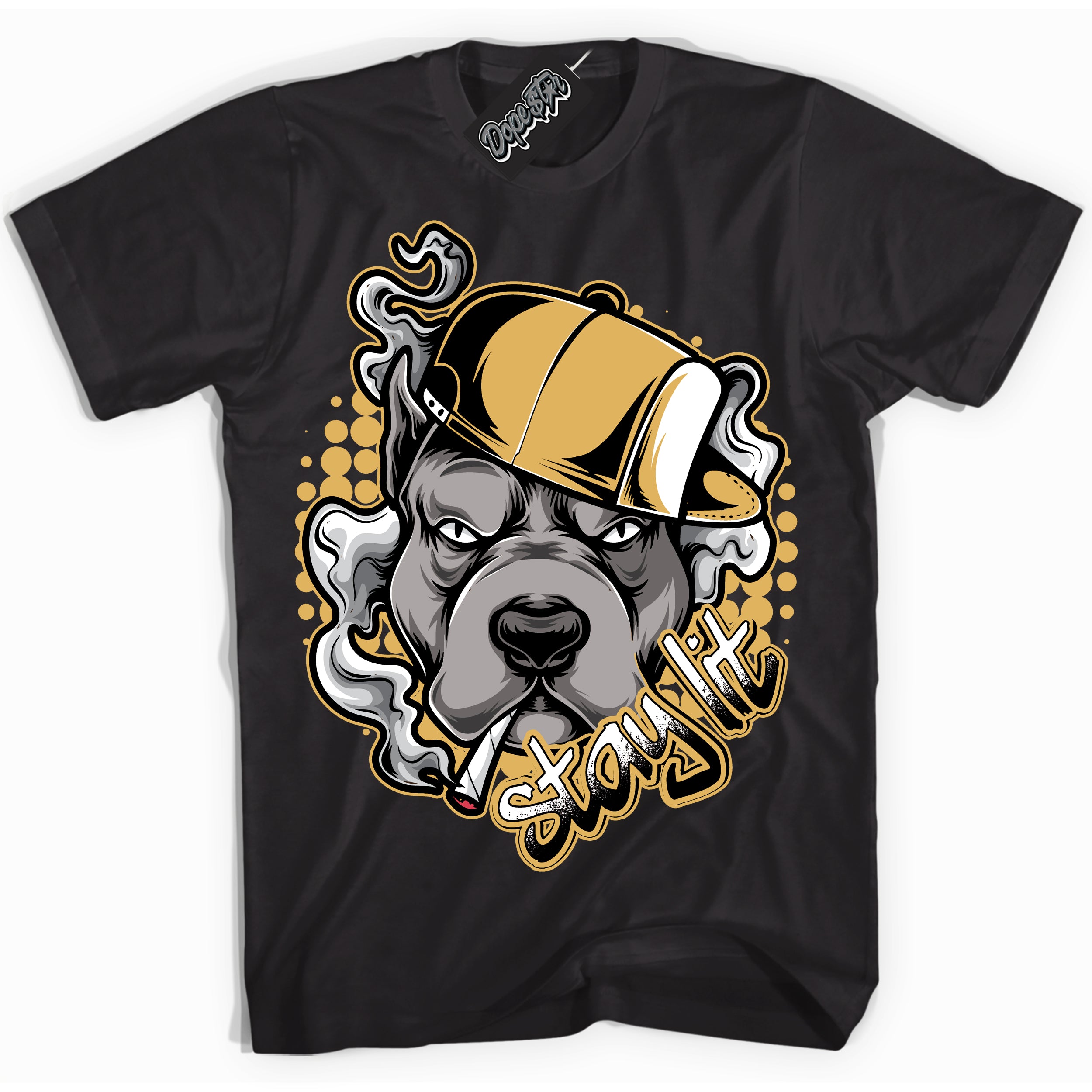 Cool Black Shirt with “ Stay Lit ” design that perfectly matches Gold Swoosh 1s Sneakers.