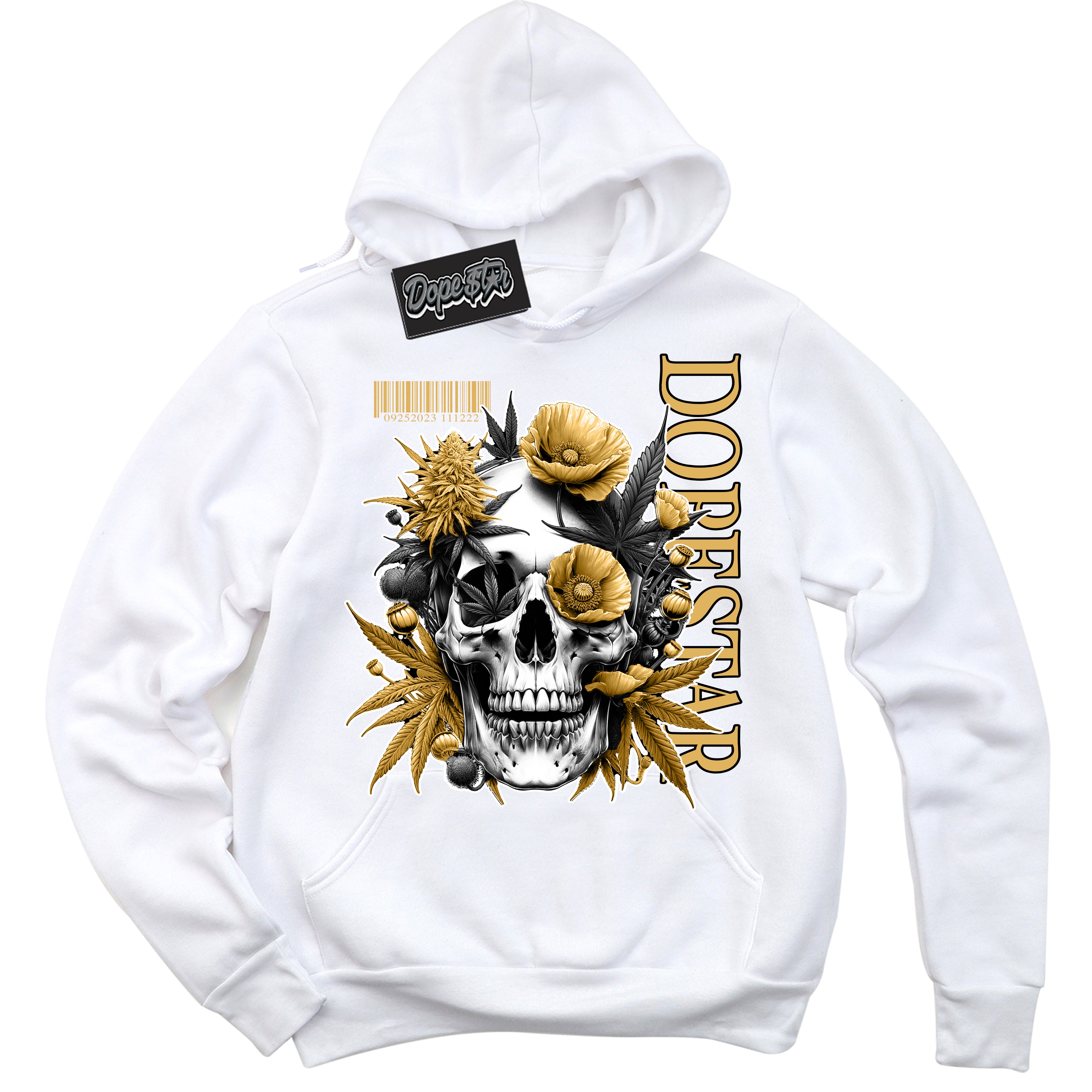 Cool White Hoodie with “ Skull Poppies ”  design that Perfectly Matches Gold Swoosh 1s Sneakers.
