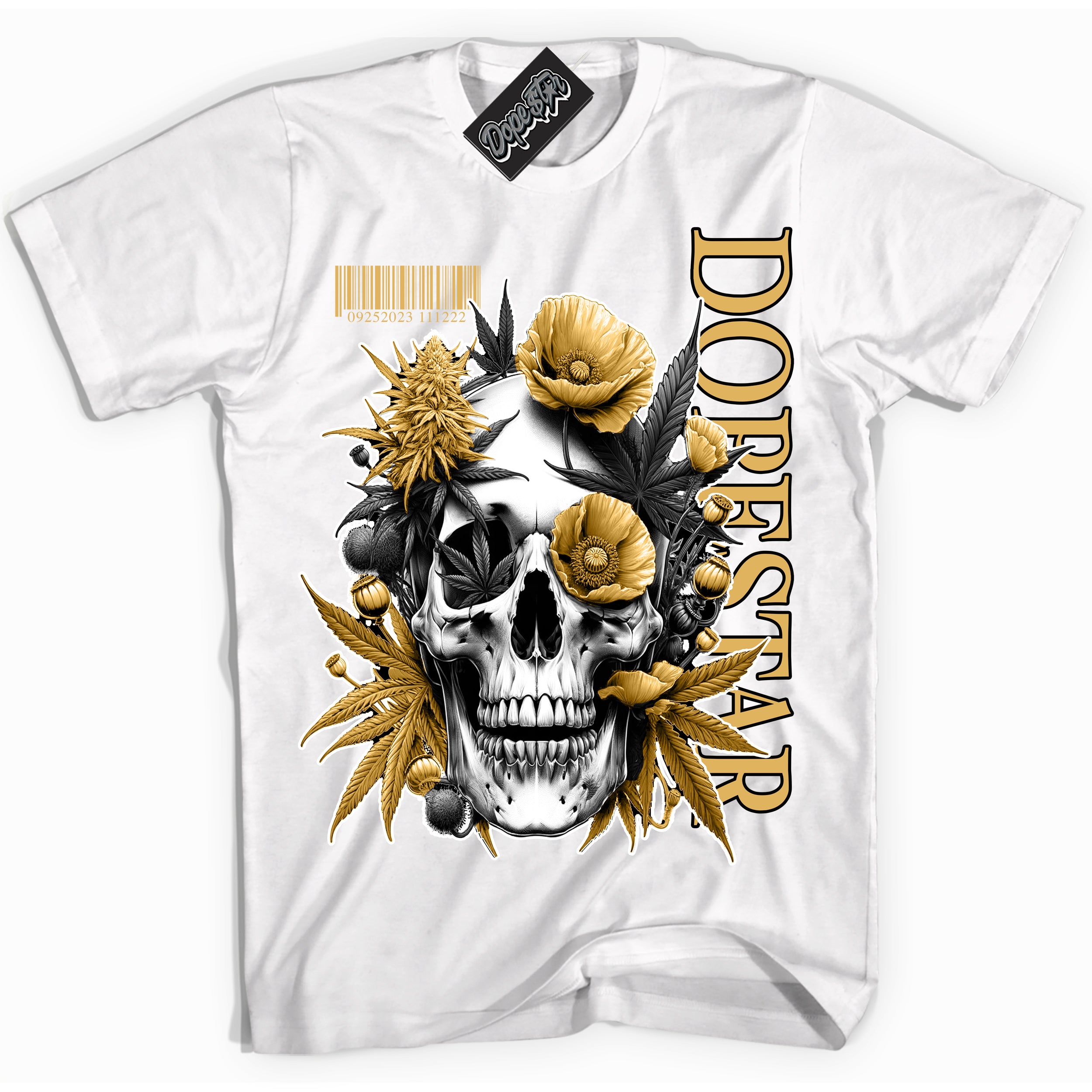 Cool White Shirt with “ Skull Poppies ” design that perfectly matches Gold Swoosh 1s Sneakers.
