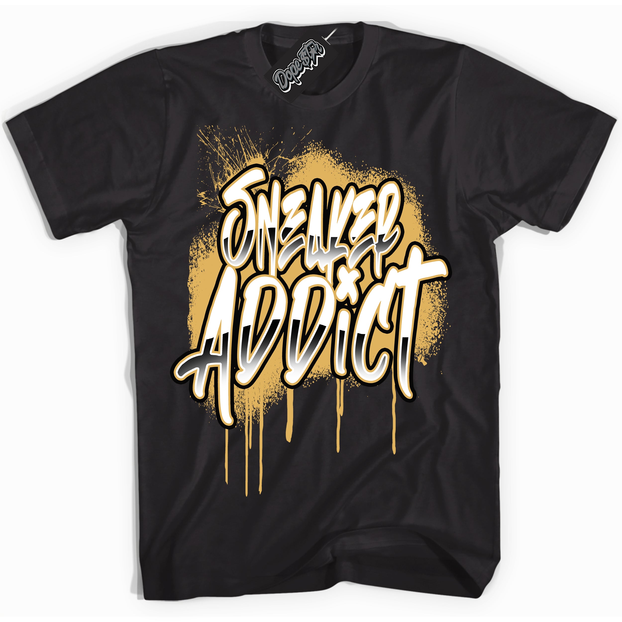 Cool Black Shirt with “ Sneaker Addict ” design that perfectly matches Gold Swoosh 1s Sneakers.