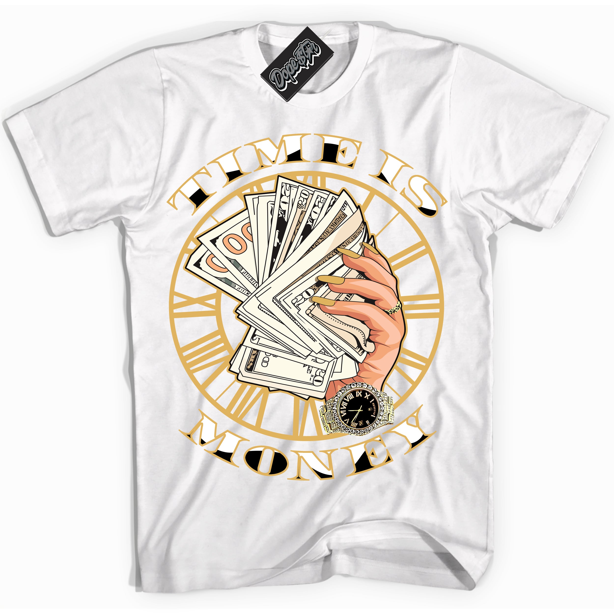 Cool White Shirt with “ Time Is Money ” design that perfectly matches Gold Swoosh 1s Sneakers.